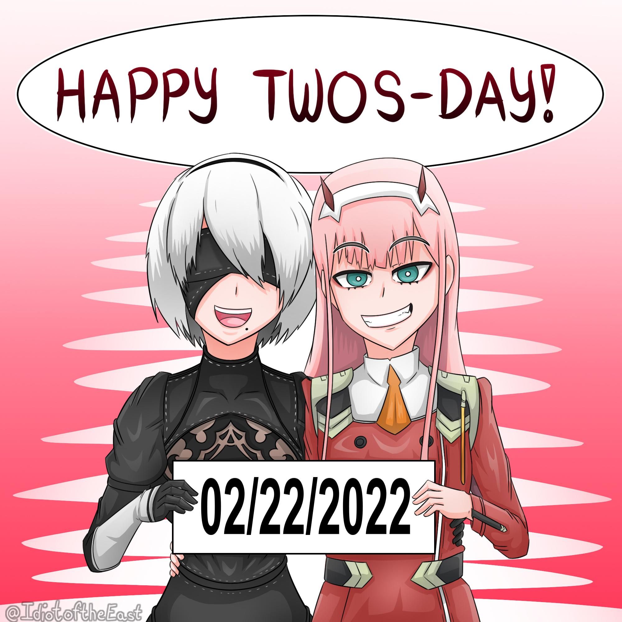 2B and Zero Two greeting you a happy Twos-day in 02/22/22 with the two of them... two-ception