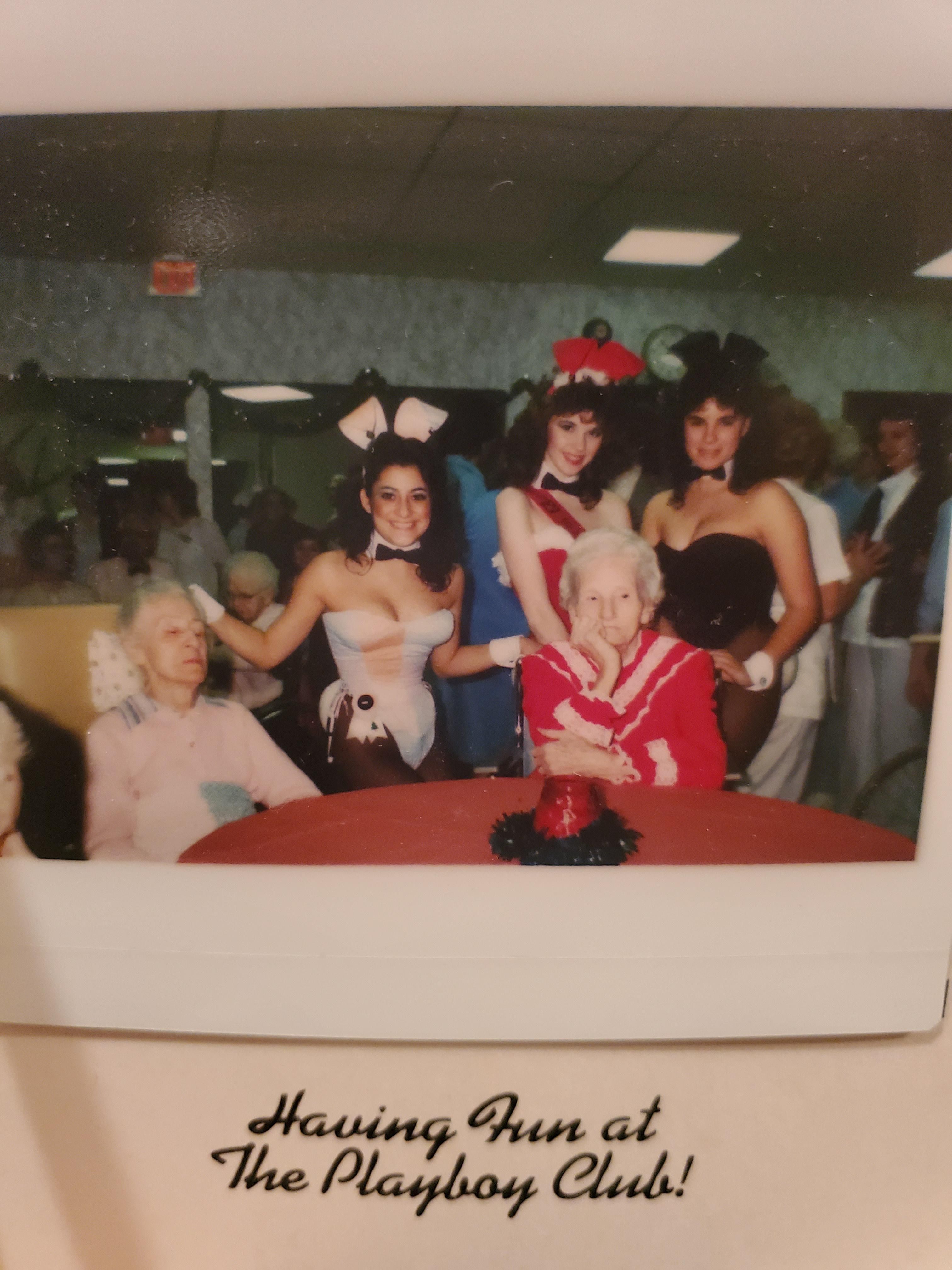 For some reason my Great Great Grandmother's Nursing Home was vistes by Playboy Bunnies in the 80's. She is clearly having none of it.
