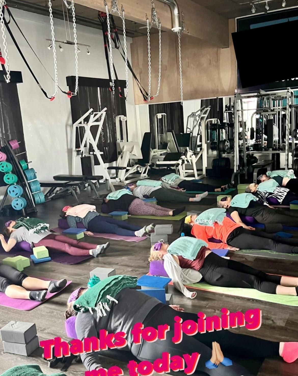 My sister’s photo of her yoga class’ warmup looks like the aftermath of a mass cult suicide.