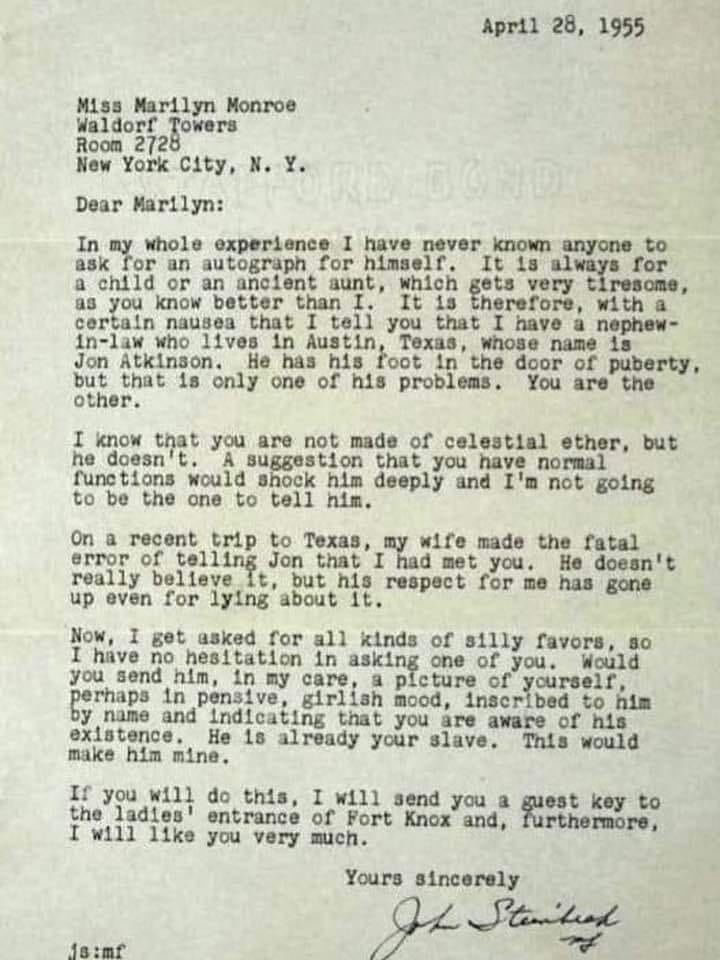 John Steinbeck's letter to Marilyn Munroe from 1955