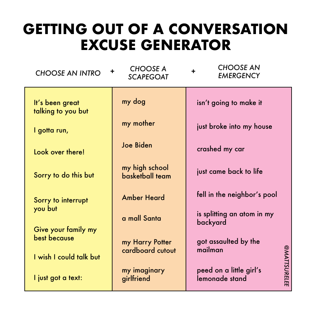 Getting out of a conversation excuse generator