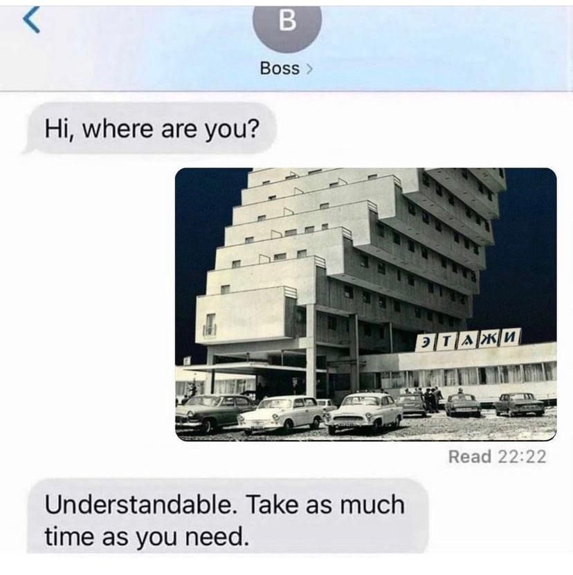 I'm stuck in an utopian Soviet-era Brutalist hotel, can't come to work today