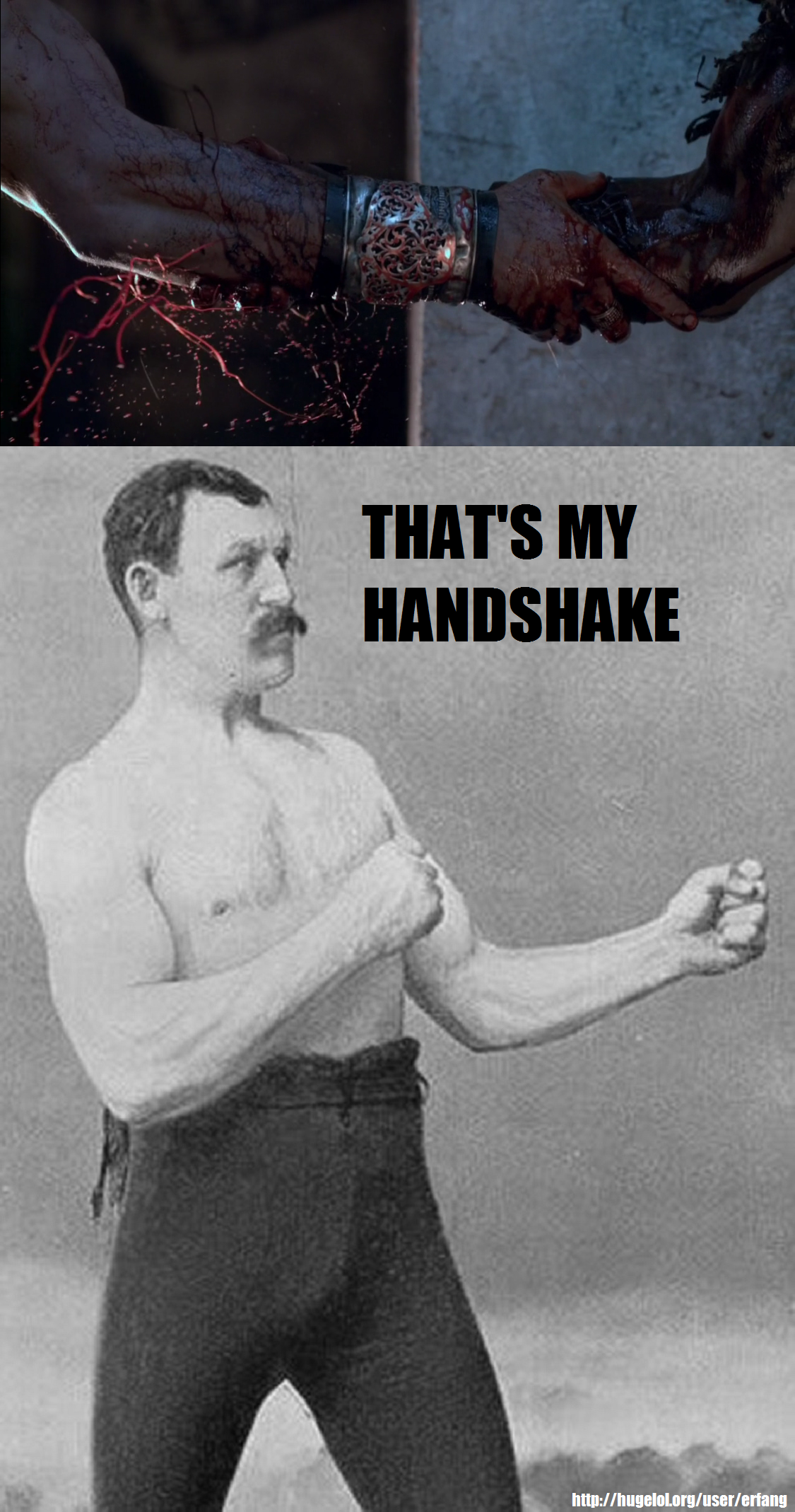 Overly manly handshake.