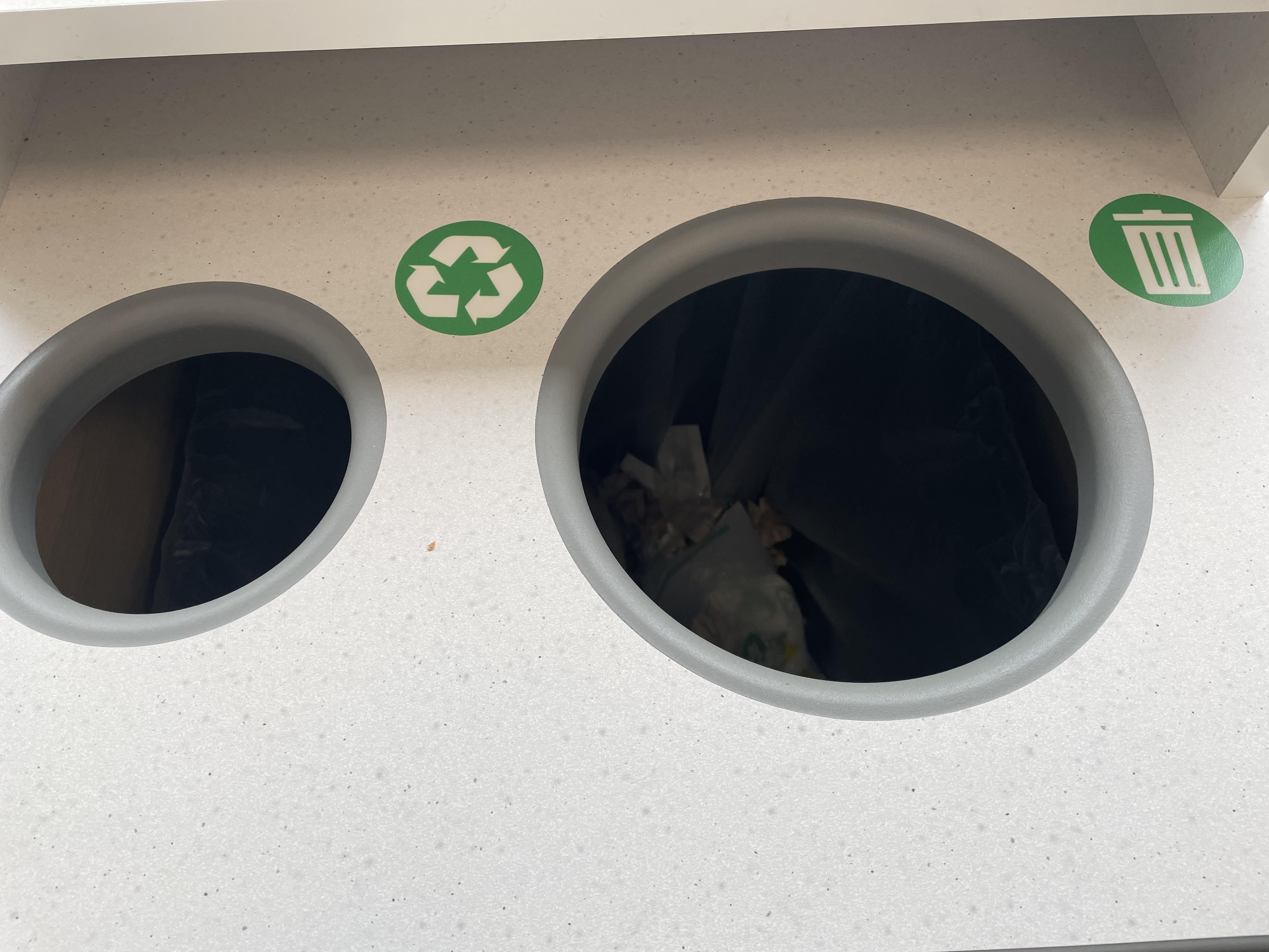 Subway restaurant’s garbage and recycling both go into the same bin.