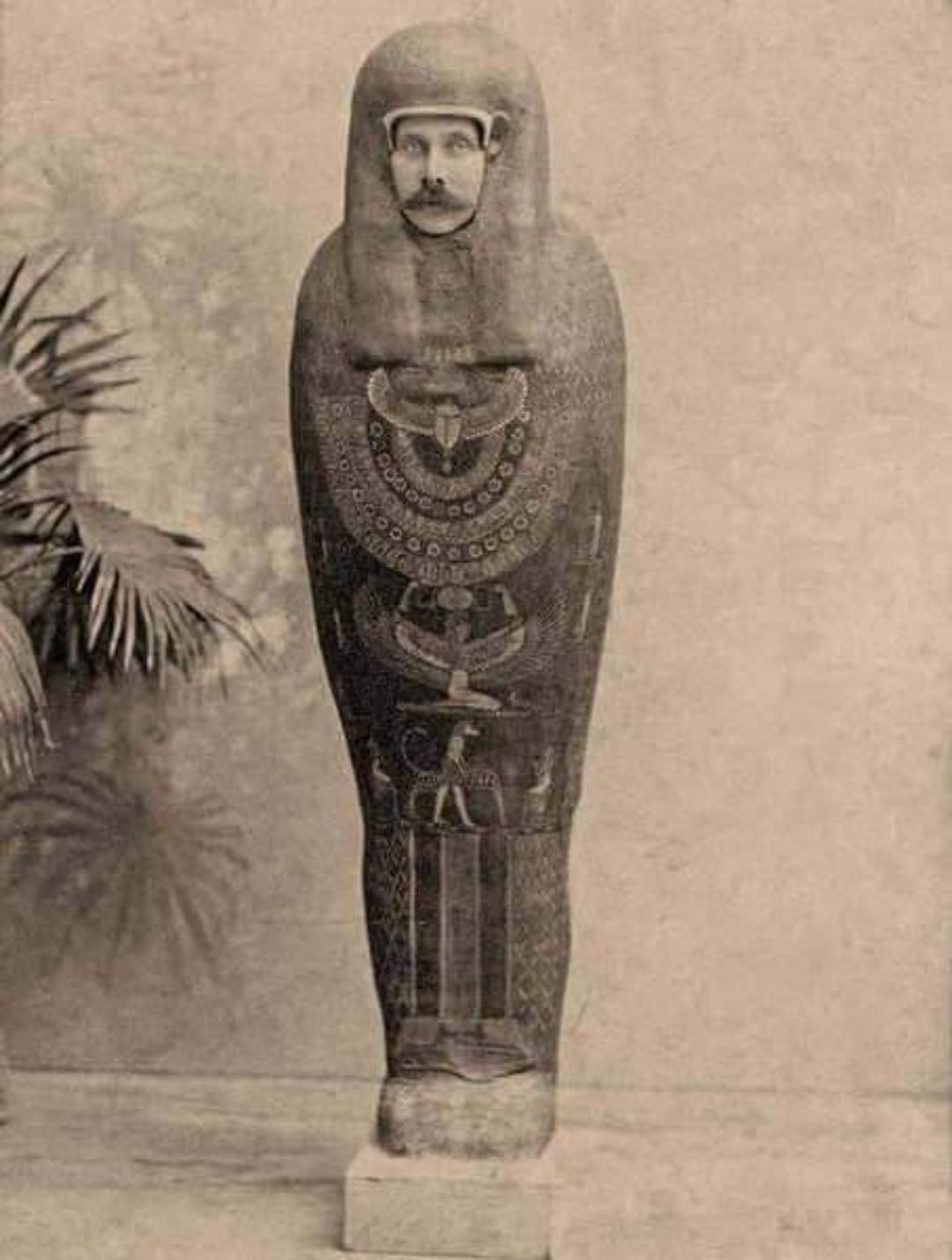 Archduke Franz Ferdinand of Austria posing as a mummy while in Cairo, Egypt. 1894.