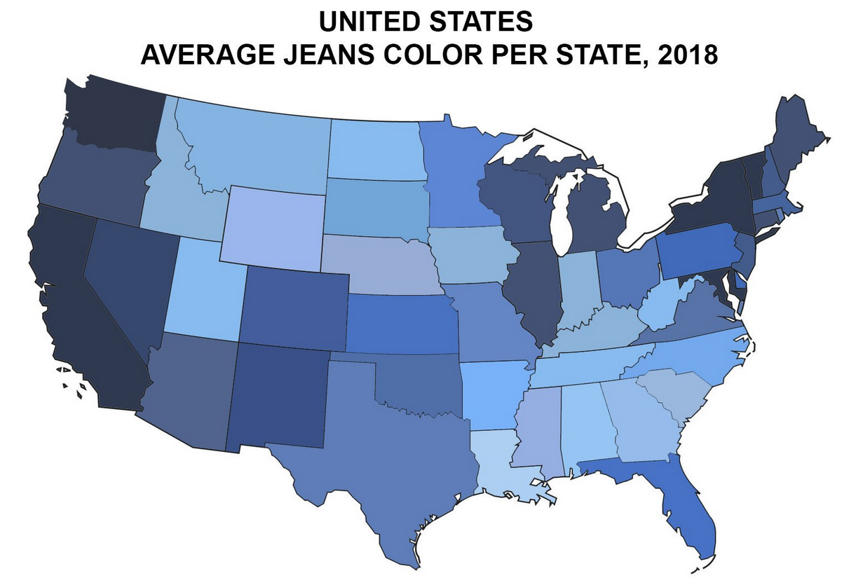 US map of average color of jeans by state