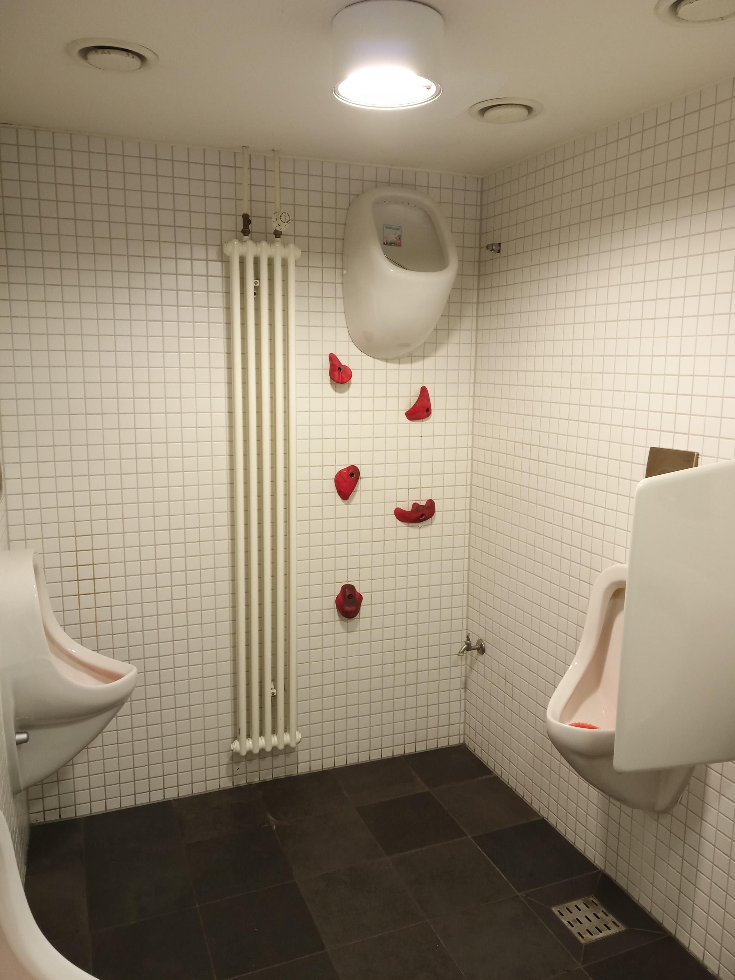 A men's bathroom in a restaurant. Art installation.