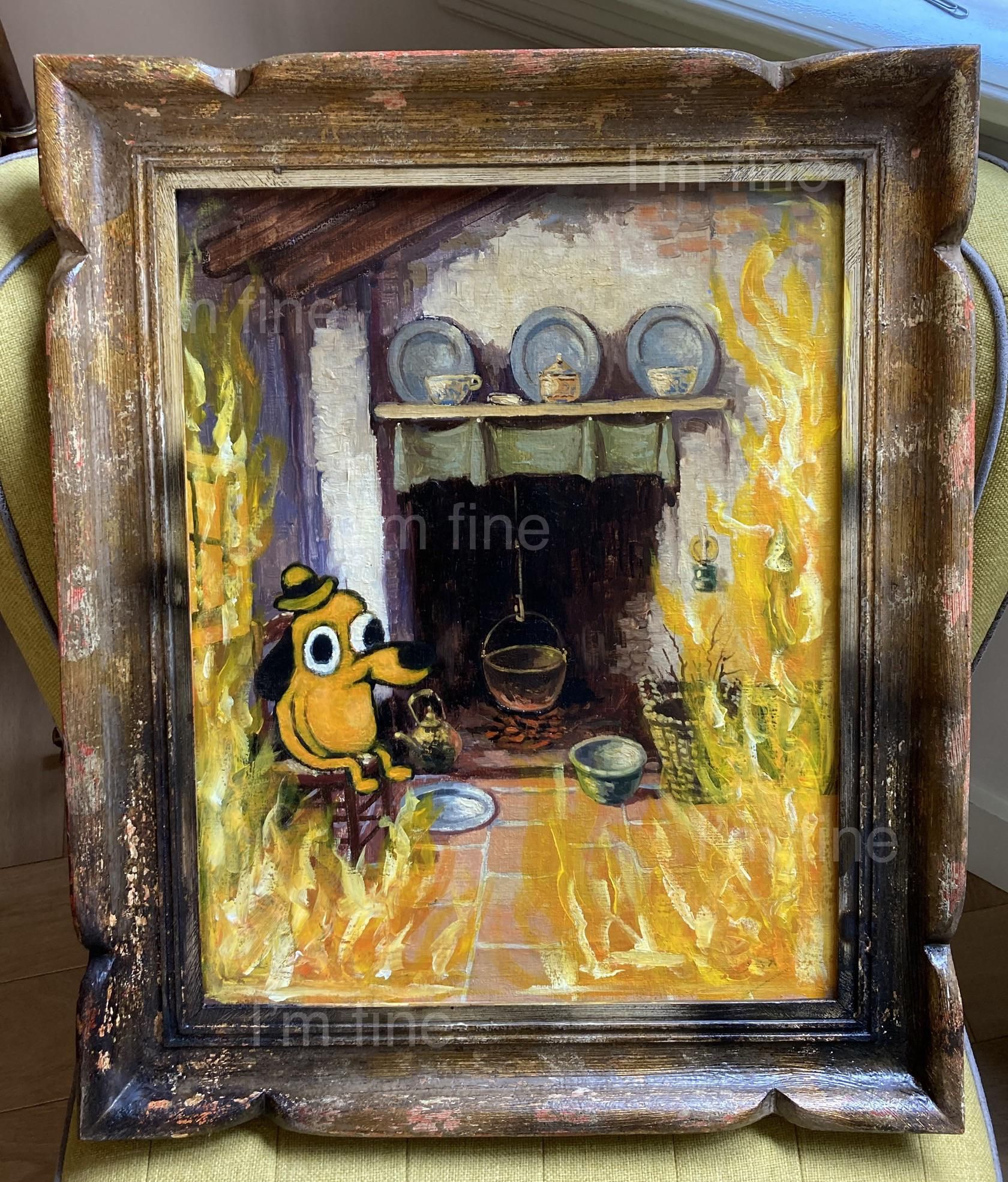 “I’m fine” on a thrifted painting.