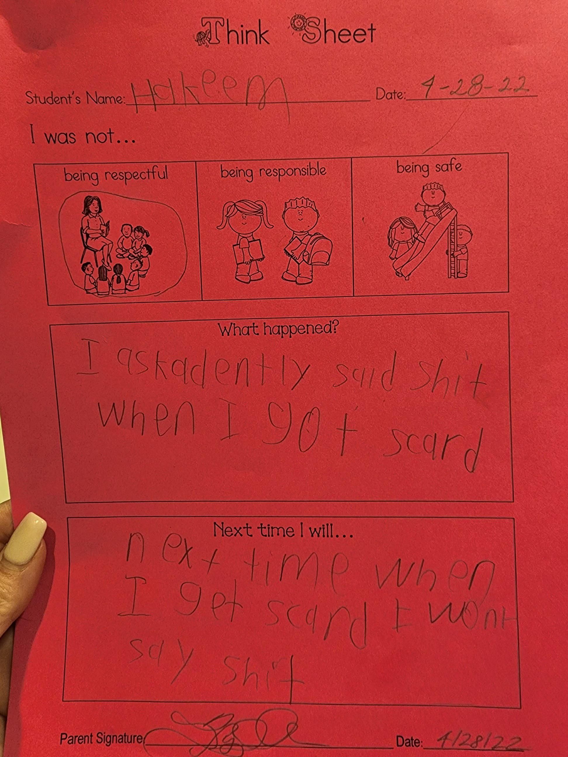 Nephew got sent home from third grade with this note.