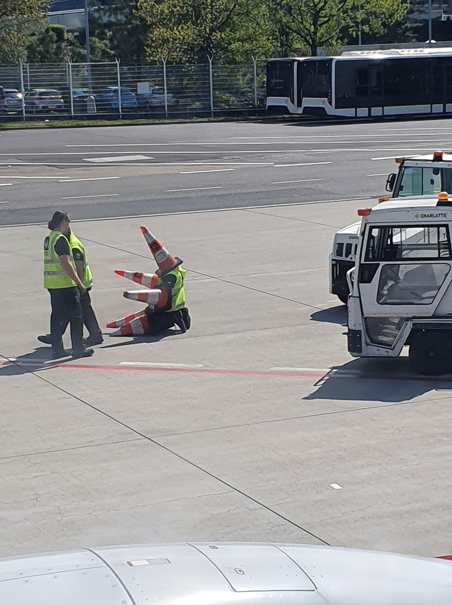 Workers at Prague airport having fun