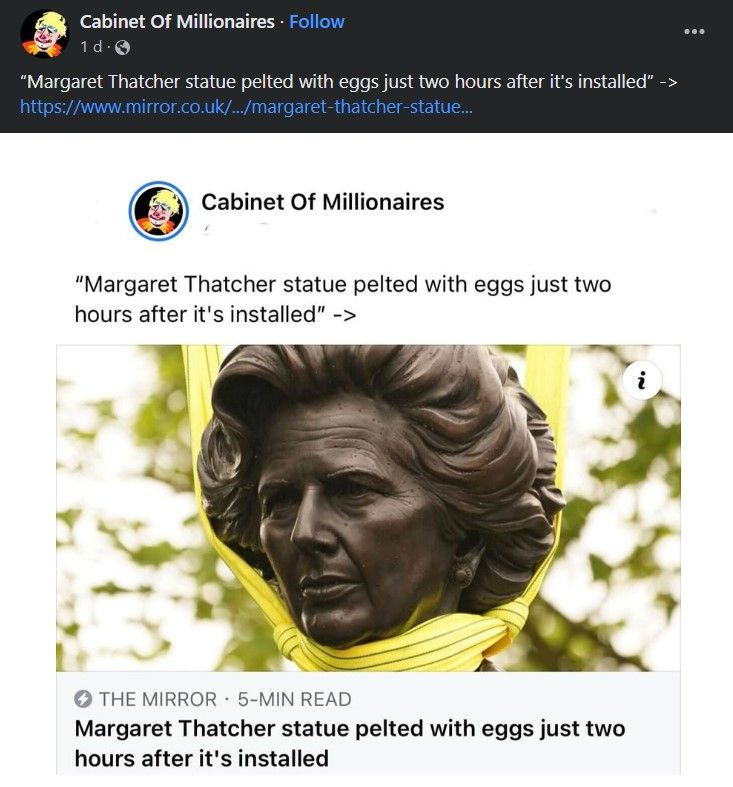 ""Margaret Thatcher statue pelted with eggs just two hours after it's installed""