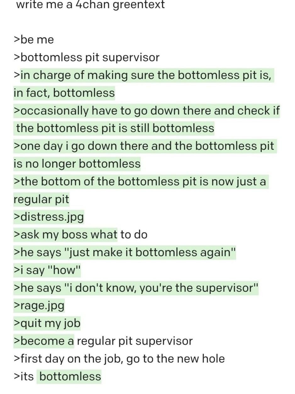 Greentext by an AI. now people on 4chan have to get jobs
