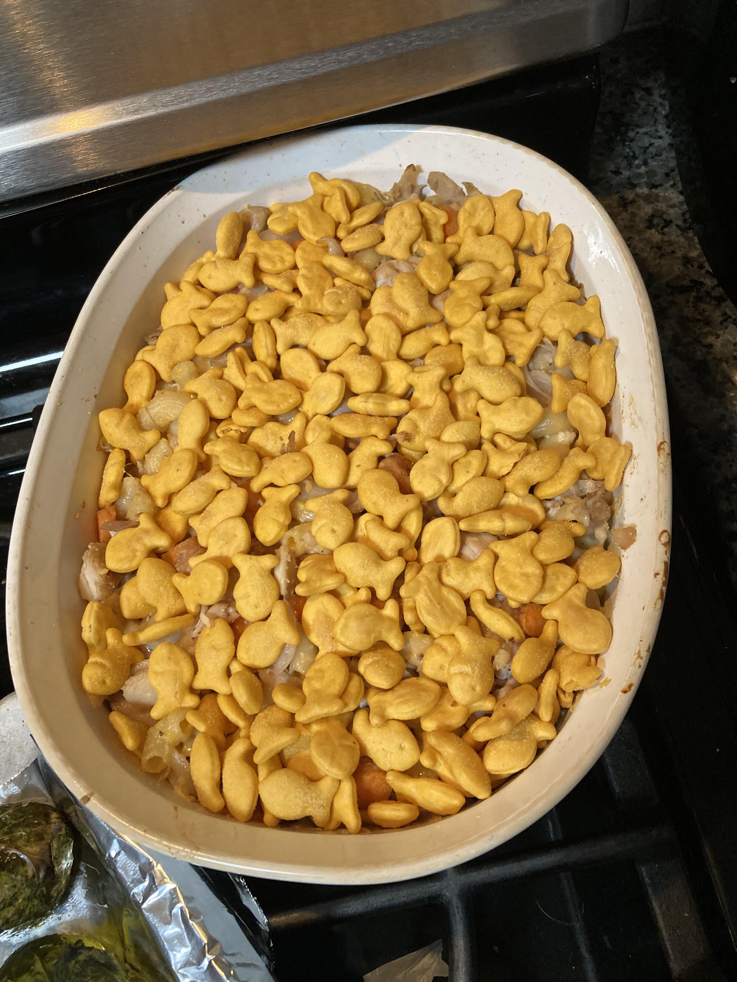 Husband's turn to cook...I pop in the kitchen for a moment...he says we are out of breadcrumbs. No problem, I say, you can use crackers as a substitute