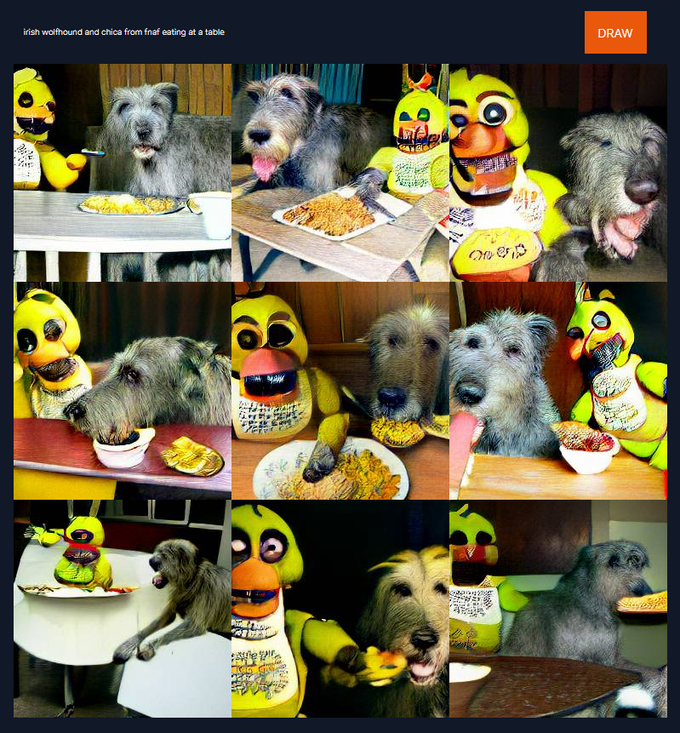 irish wolfhound and chica from fnaf eating at a table