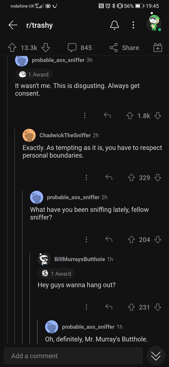 A post about a man sniffing a woman's butt when she wasn't looking