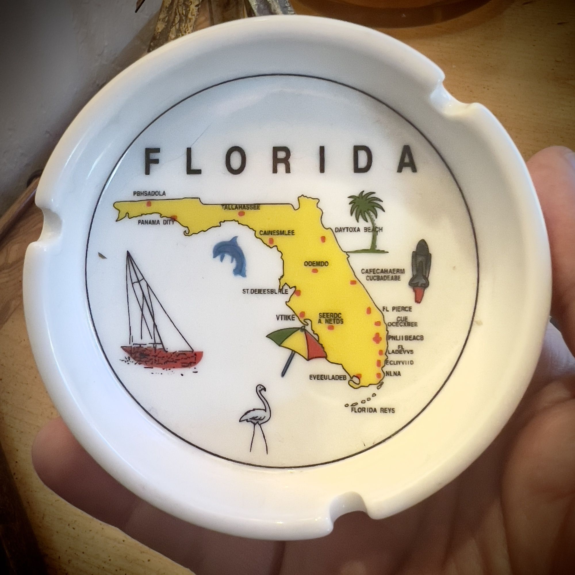 A treasured family heirloom, our Florida souvenir ashtray, ca. 1983.