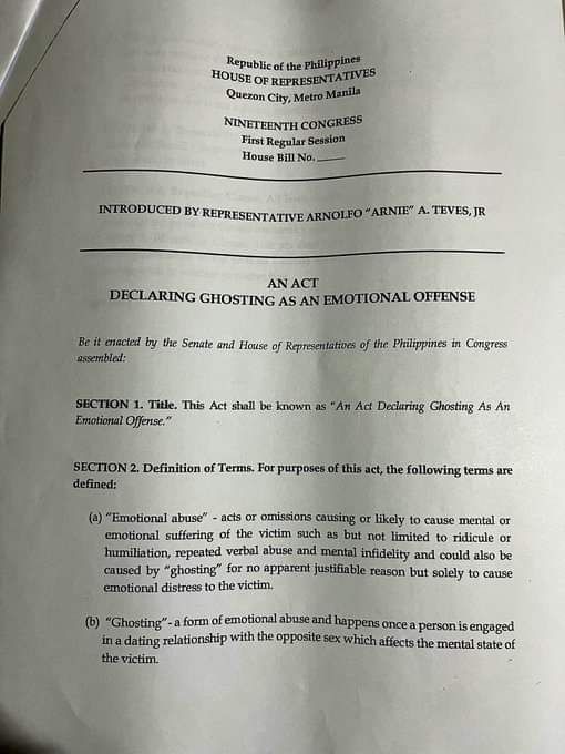 Philippine lawmaker files bill criminalizing ghosting.