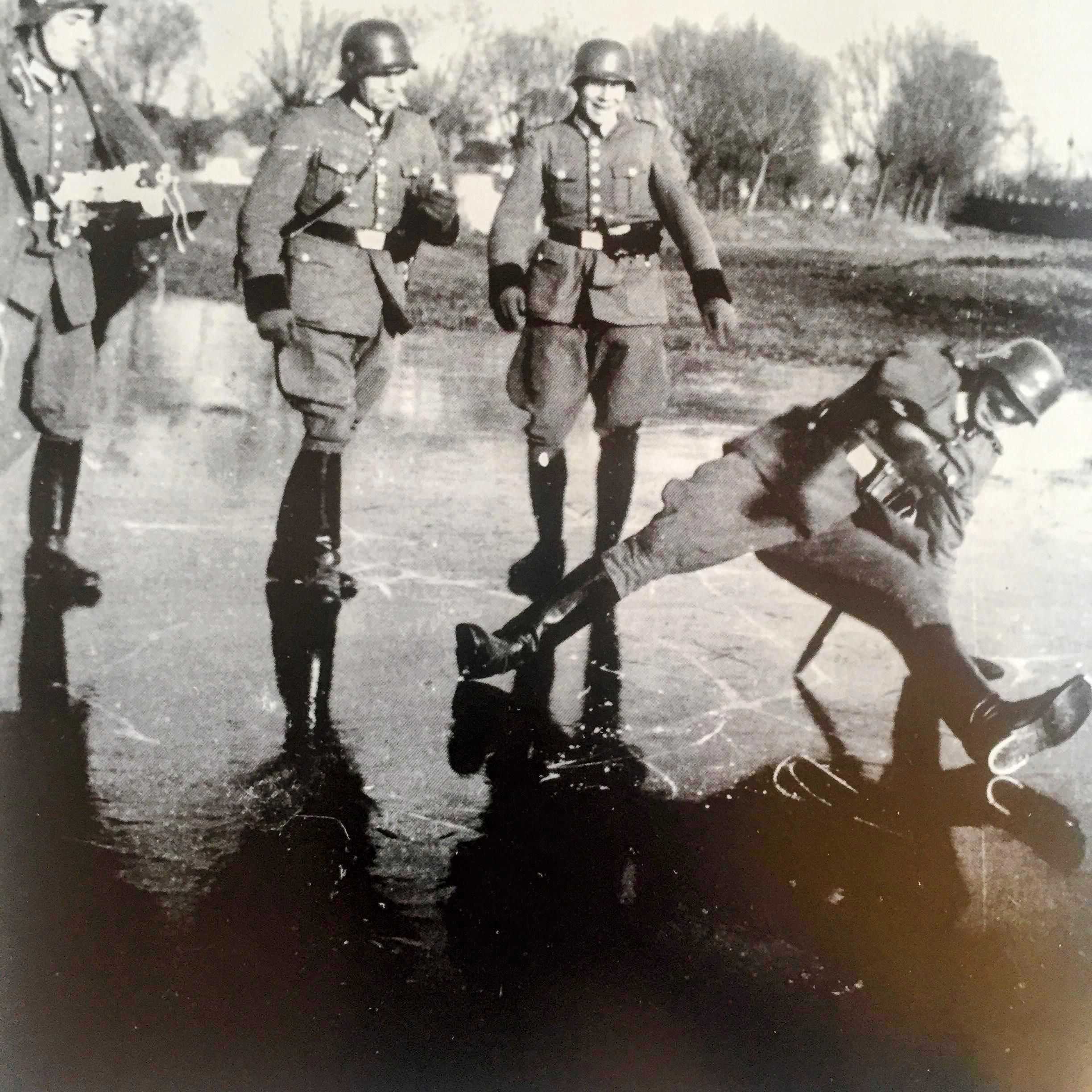 German officer celebrates by break dancing after picking up his most recent ration of battle meth