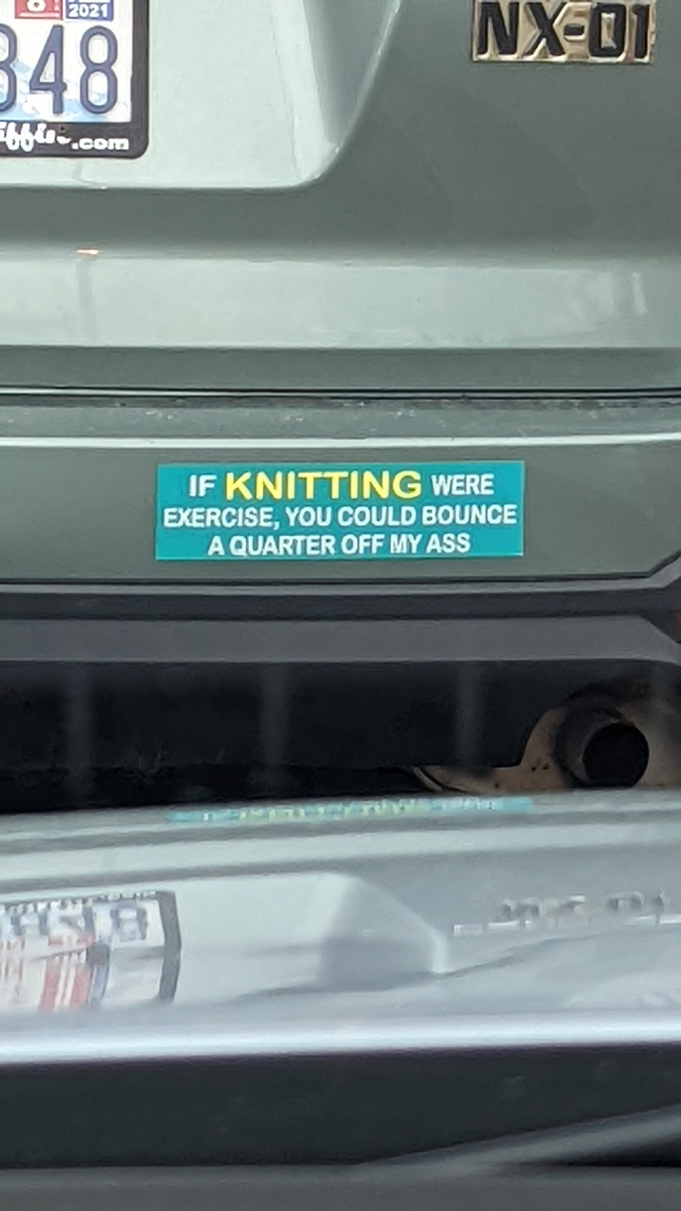 seen on the back of a 70-year-old woman's Subaru Forester