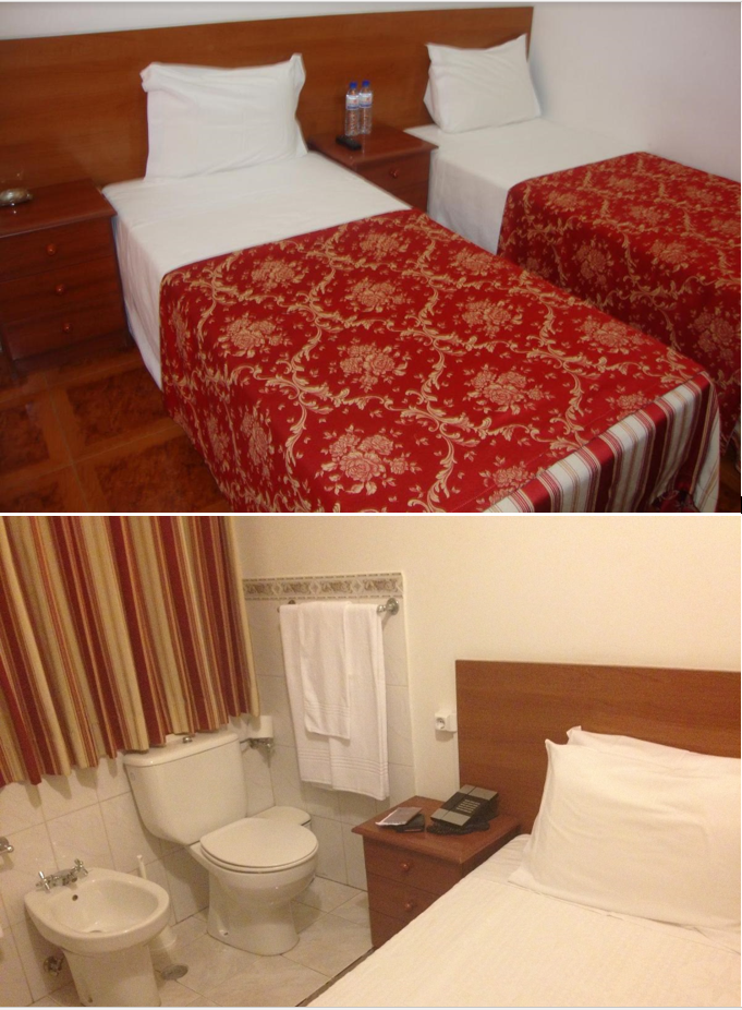 Picture of my hotelroom on booking website vs picture I made when we walked into the room. I hope my roommate doesn't need to use the toilet tonight...