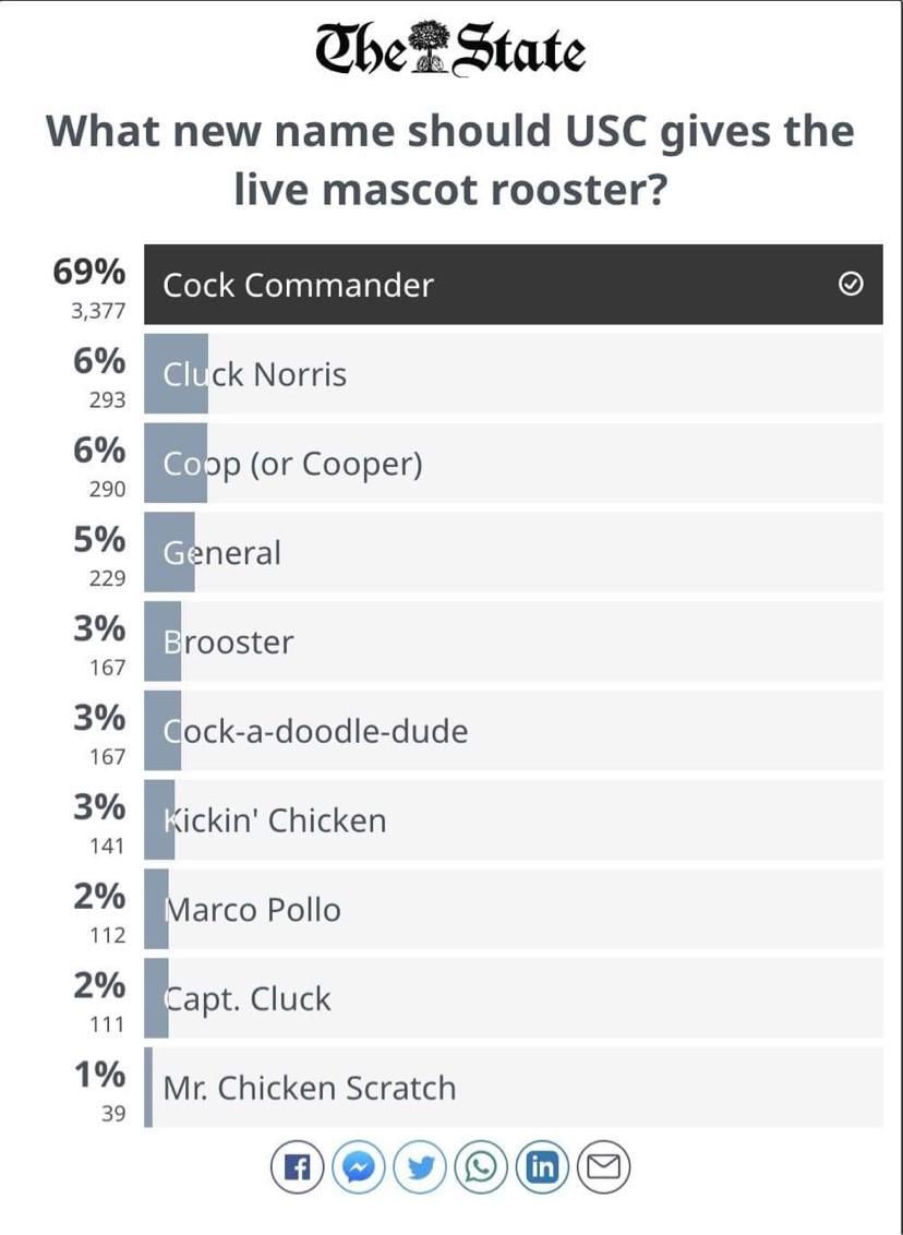 The University of South Carolina had to change their live mascot’s name and this is what the people have chosen.
