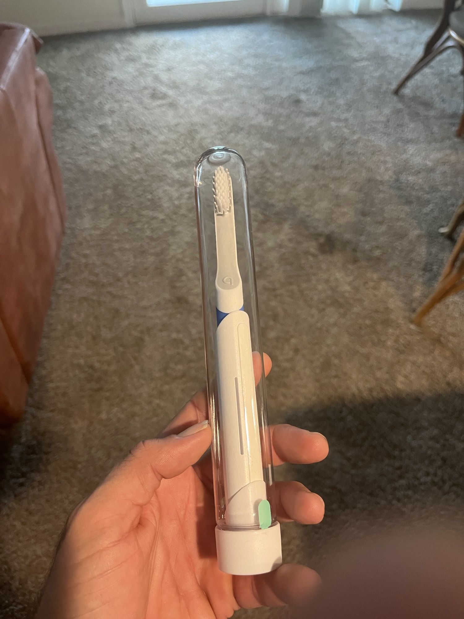 The packaging on my new toothbrush. If you turn the toothbrush on the whole thing vibrates lol.
