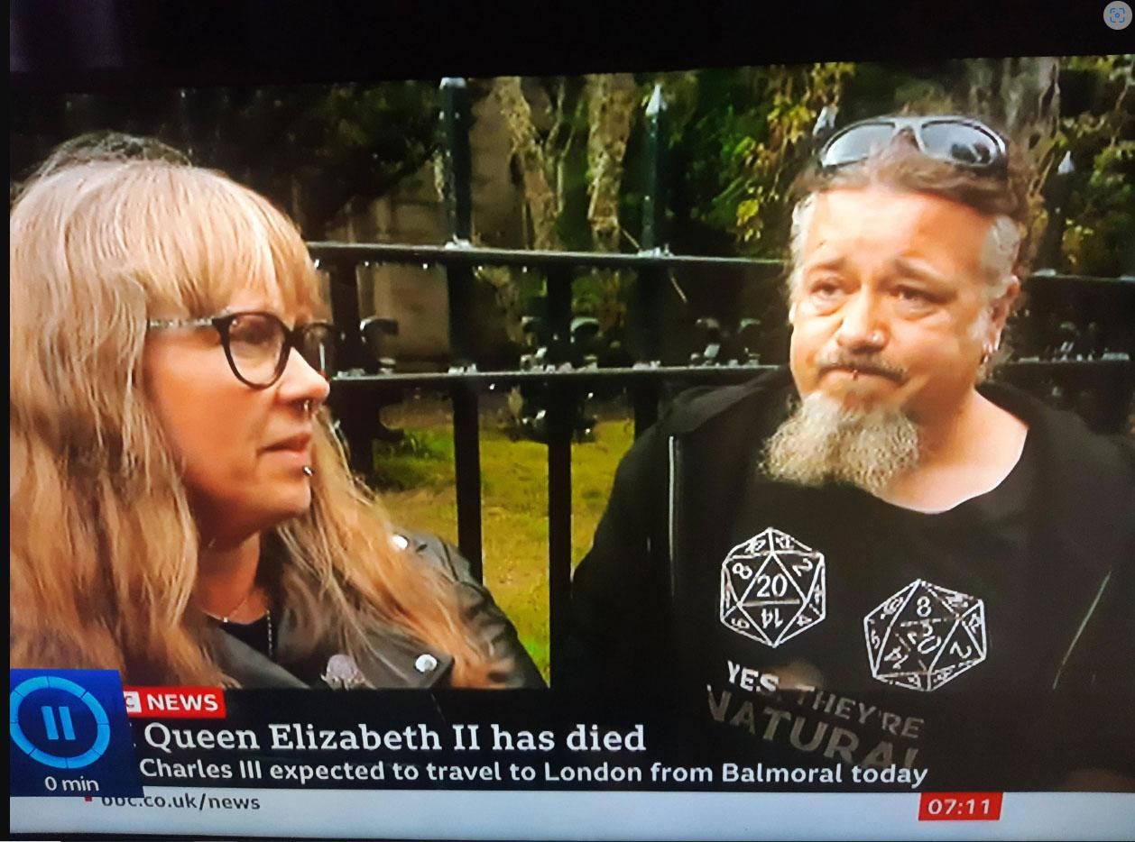 Me being interviewed by the BBC mourning The Queen at Balmoral in my D&D T-Shirt