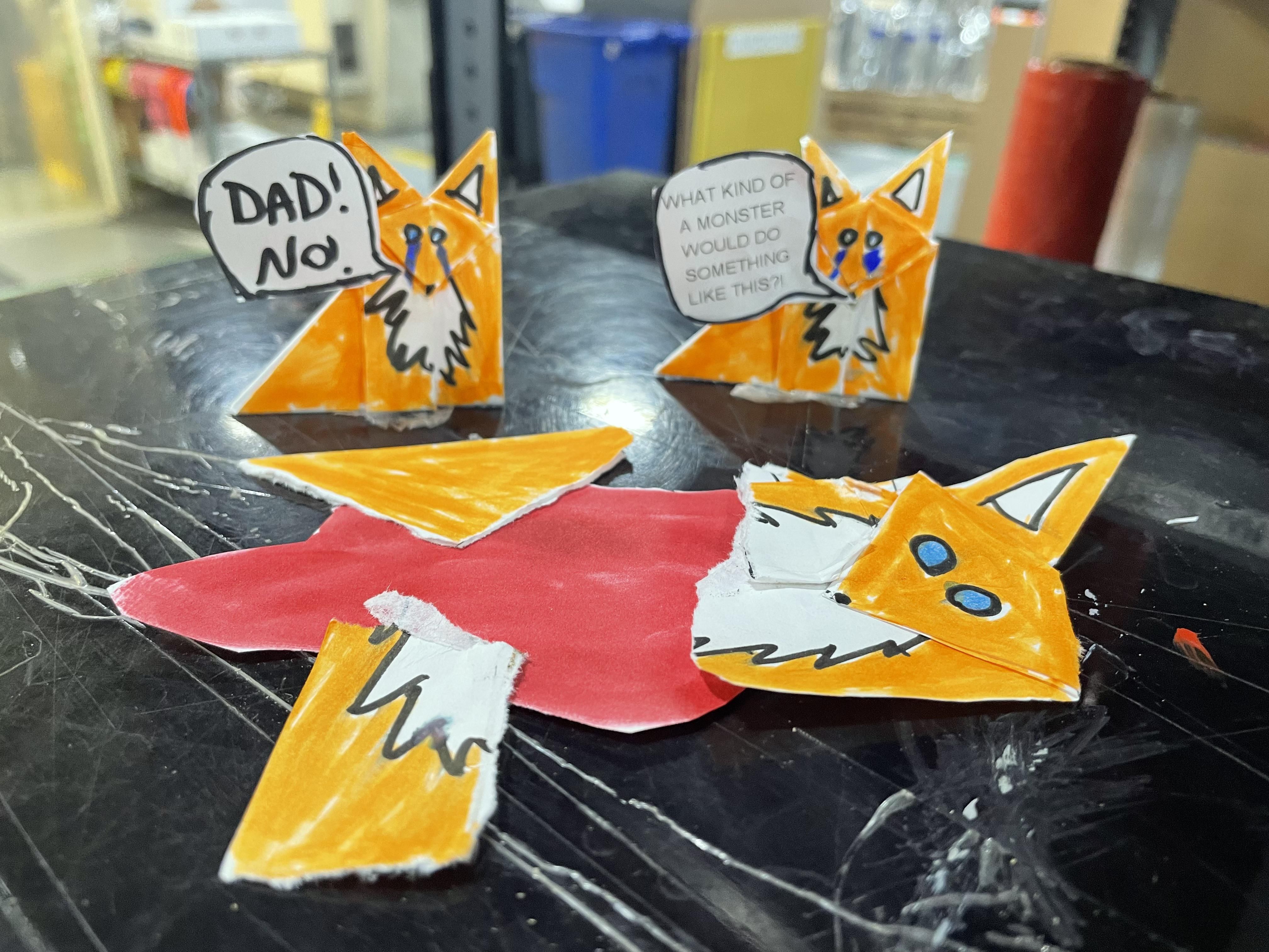 Someone suggested I post this here. Someone at work decided to rip up and destroy the origami fox I made at work. I took the opportunity to guilt them