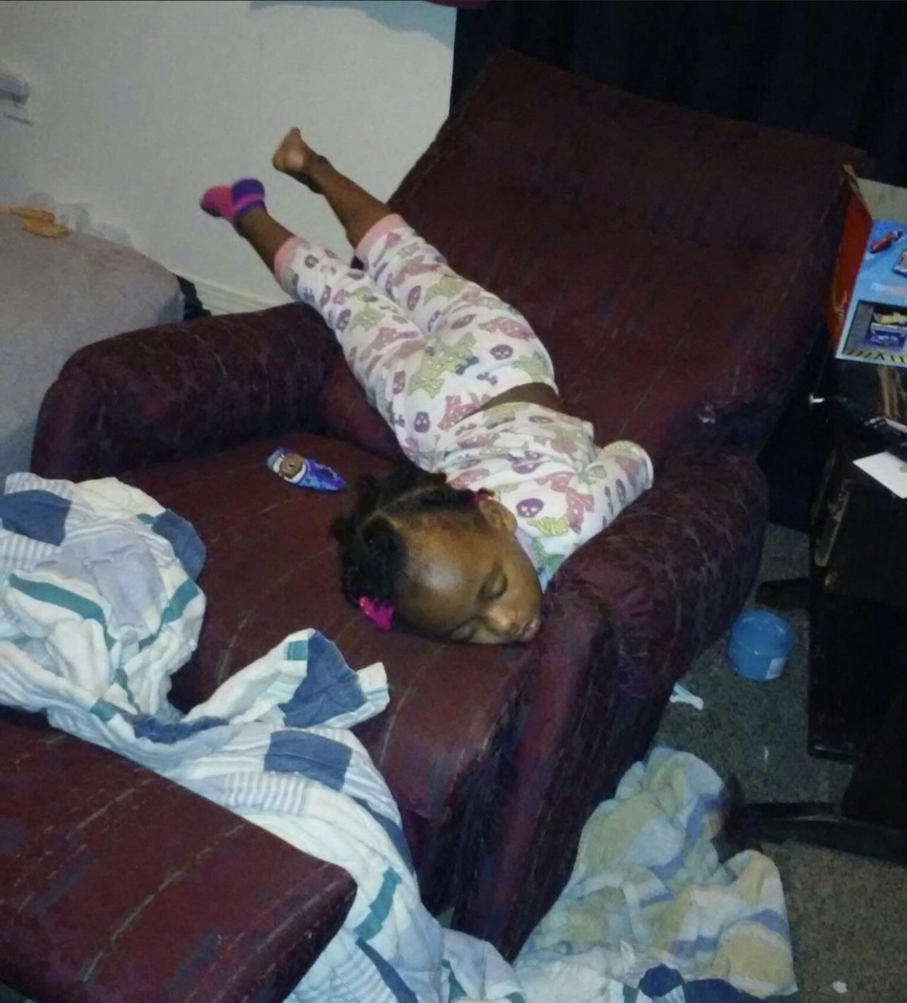 Old photo of my daughter lol. I got home from work one night to find her like this. I miss being a kid lol my back hurts looking at this lol.