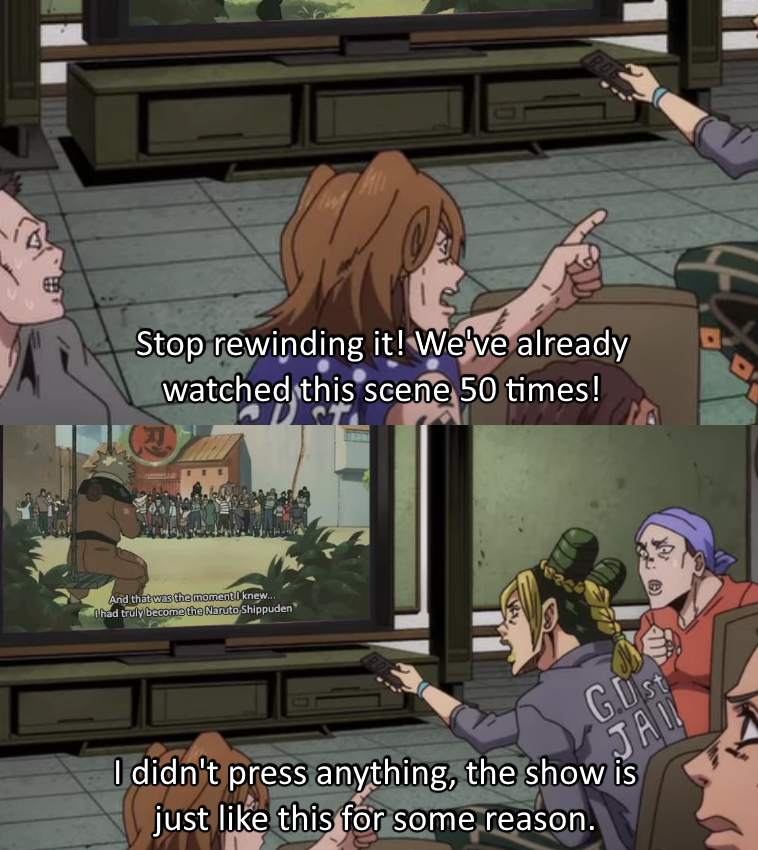 Jolyne and friends watching some classic shounen anime