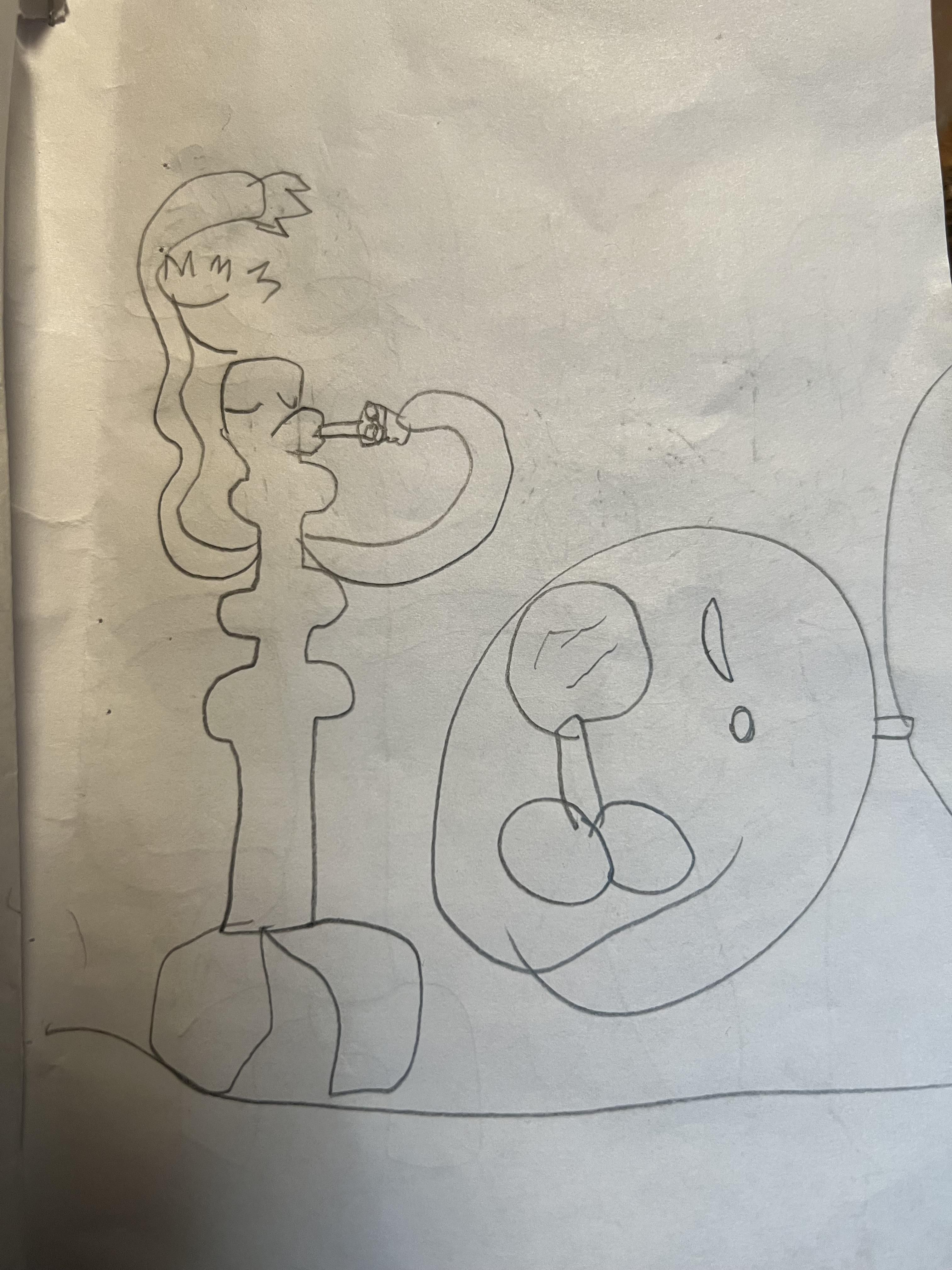 My kid drew a drawing of me eating “chicken wings”.