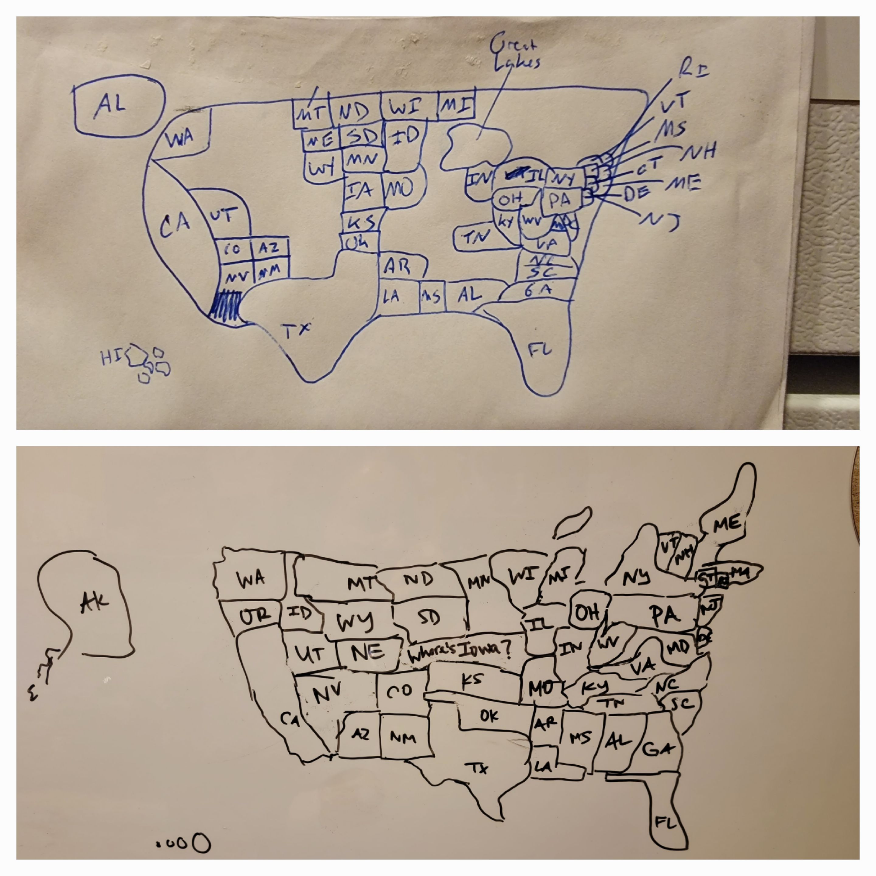 My wife and I both tried to draw a map of the US from memory.