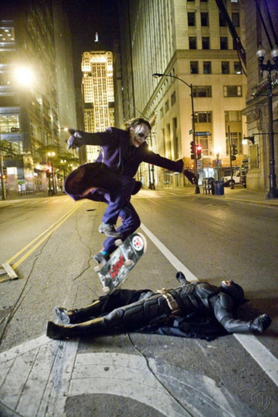 2008. The streets of Gotham. The Joker celebrates defeating his archenemy, Batman, with some sick skate moves.