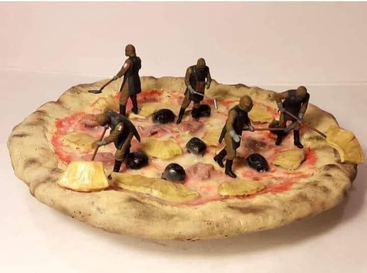 Heroic Italian volunteers removing the pineapple slices from a contaminated pizza 1877, colorized