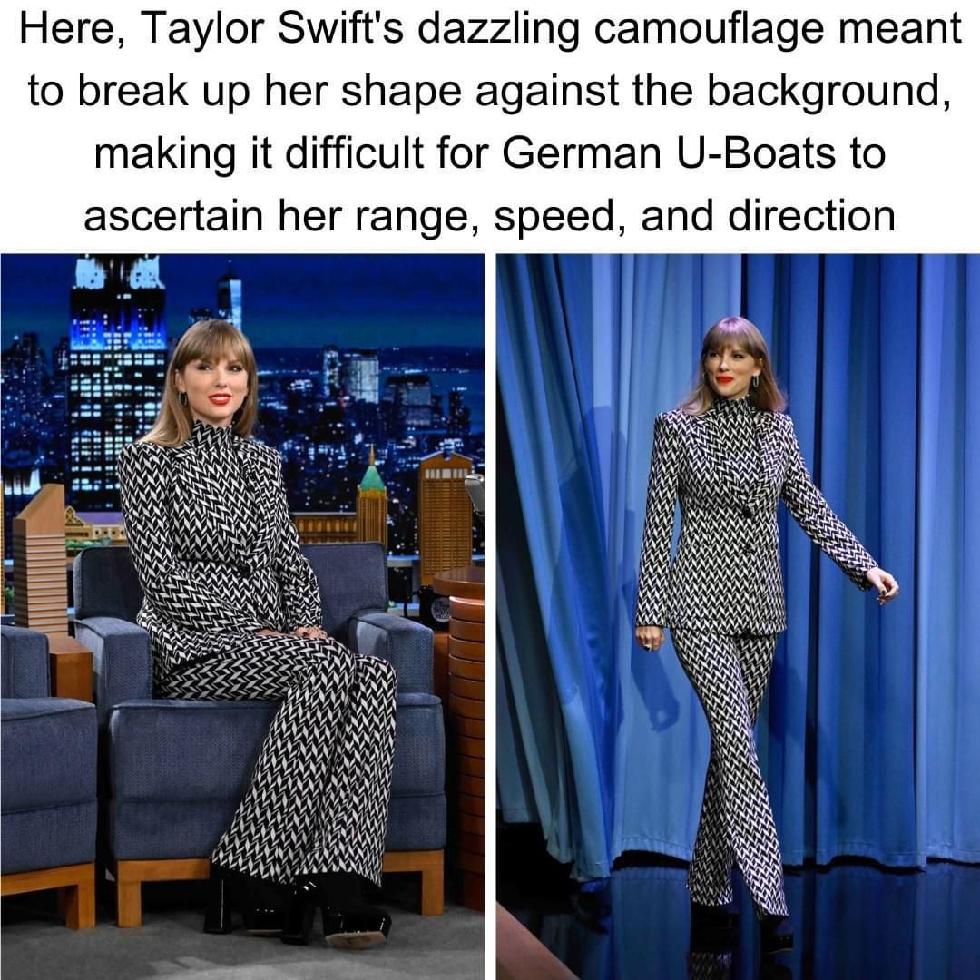Taylor Swift, British nautical engineer, displaying new dazzle camouflage used to make it difficult for enemies to judge range, speed, and direction