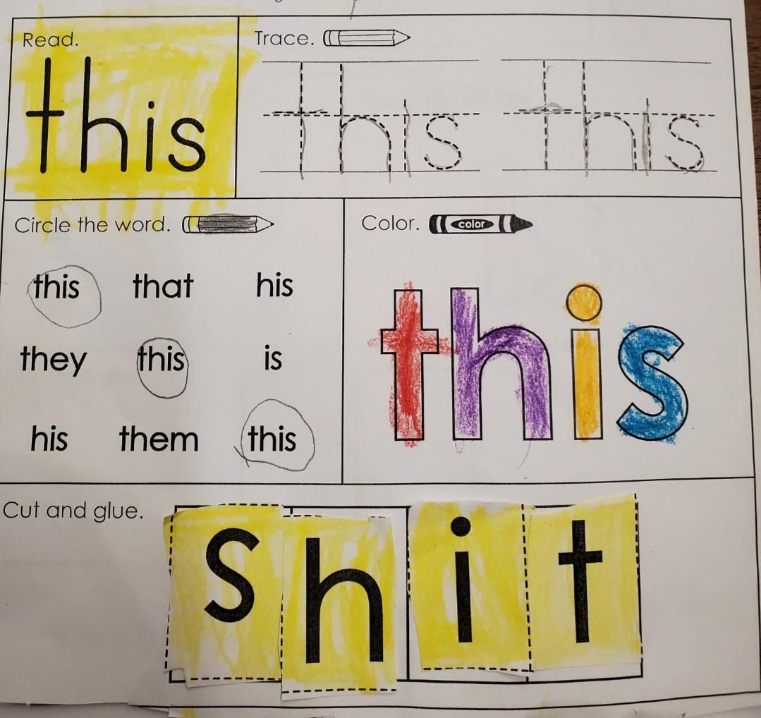 My wife teaches kindergarten. This was one of the worksheets she got back today.