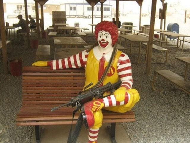 Sergeant Ronald McDonald taking a smoke break after singlehandedly liberating Kuwaiti McDonald’s from invading Iraqis during operation Desert Shield