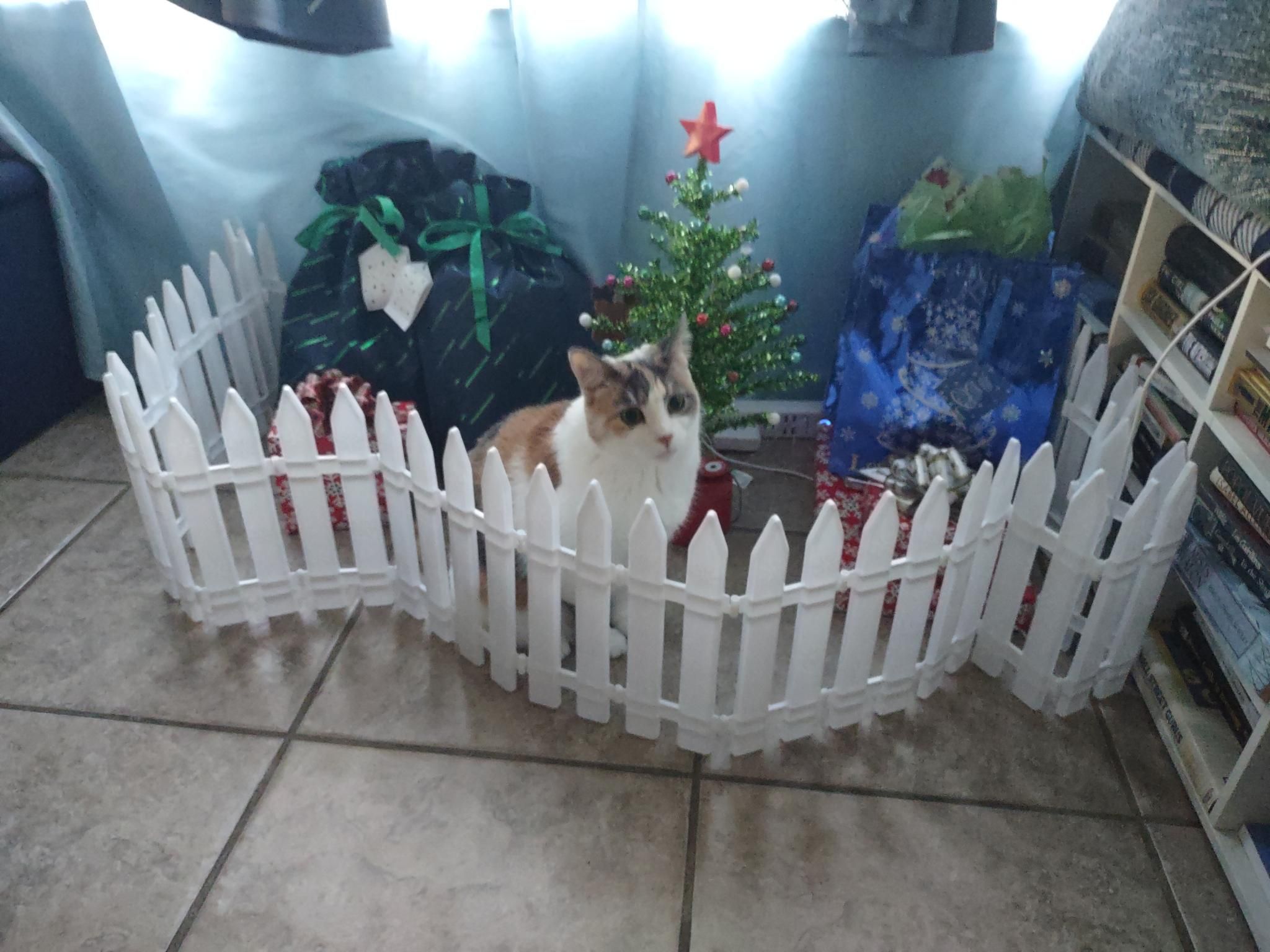 Bought a small fence to keep the cat away from the gifts. Saw this the next day. Money well spent...