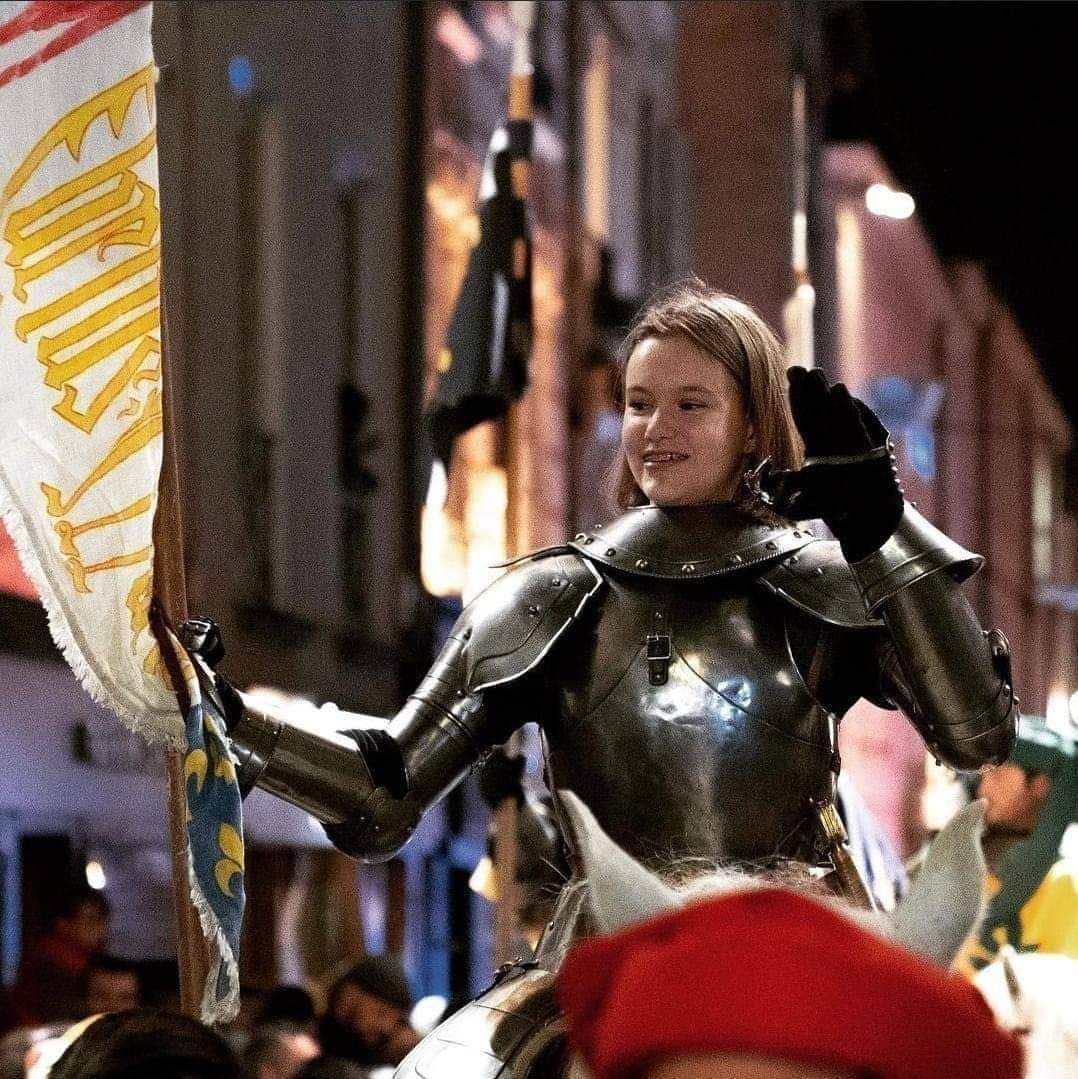 Clotilde d'Arc, dressed as her famous ancestor Joan of Arc
