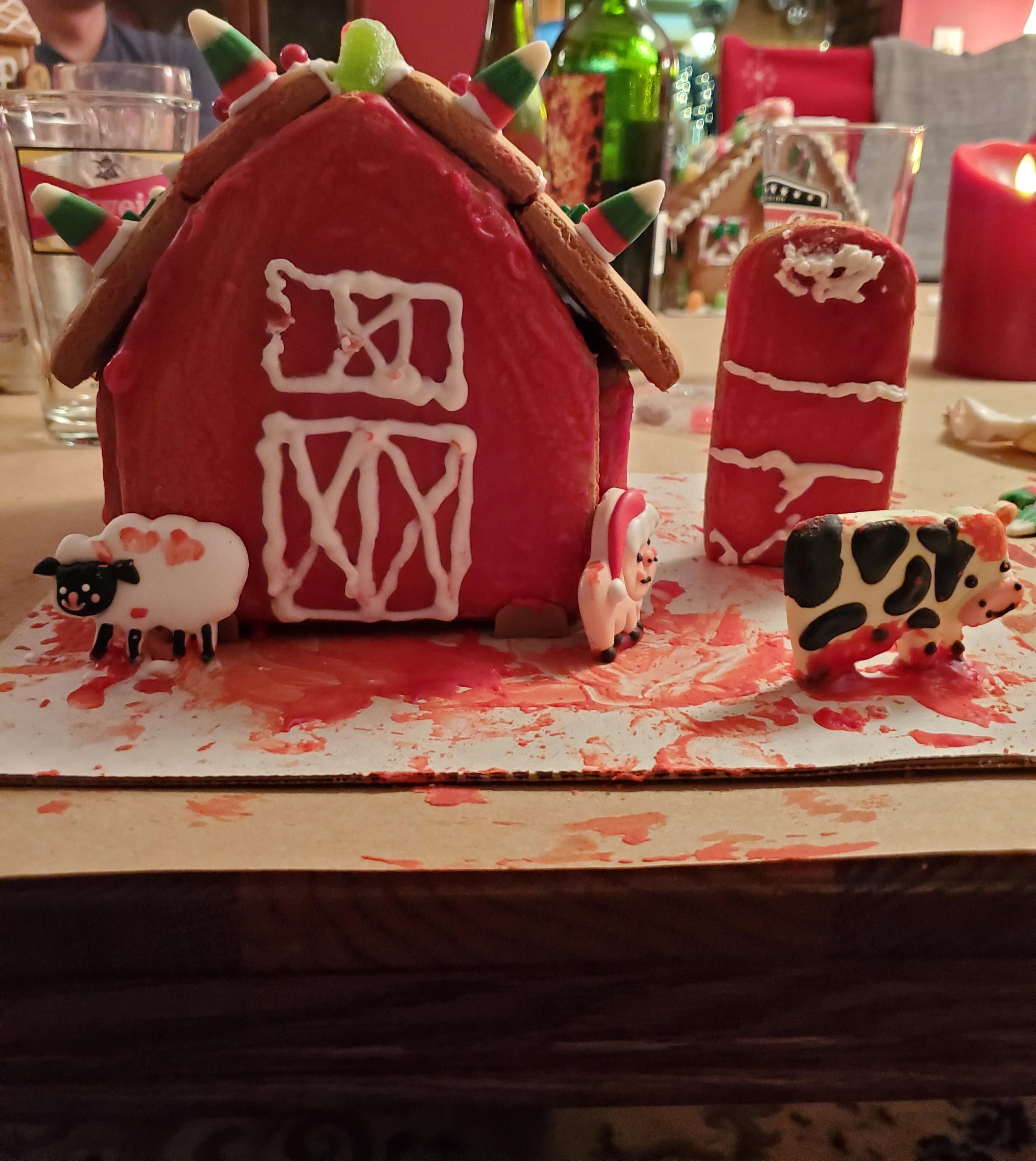 I really struggled with the icing for my gingerbread barn and it accidentally became a gingerbread slaughterhouse.
