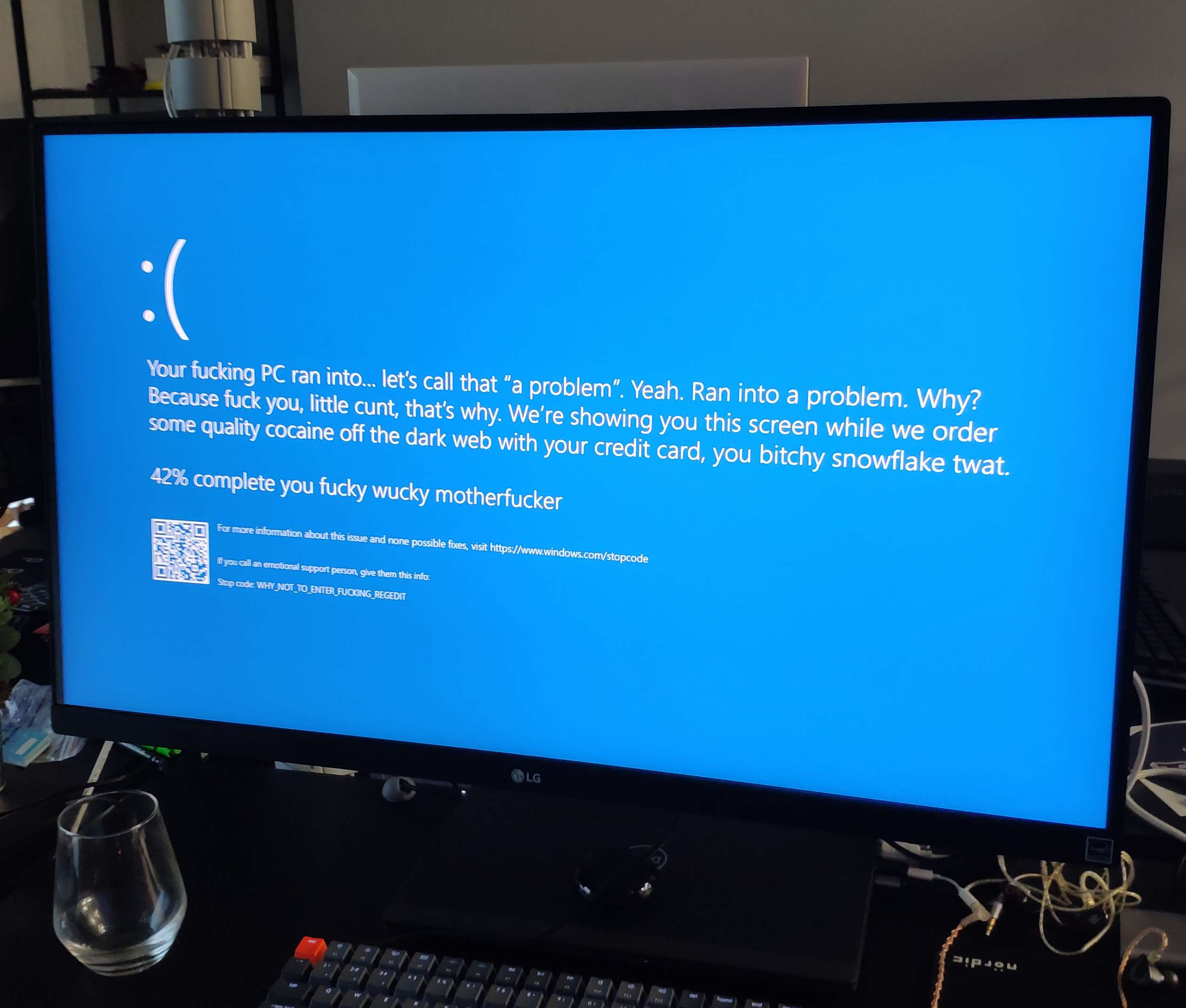 Coworkers screen saver. For context, it looks like a usual error Windows give when something goes wrong, but the text is different