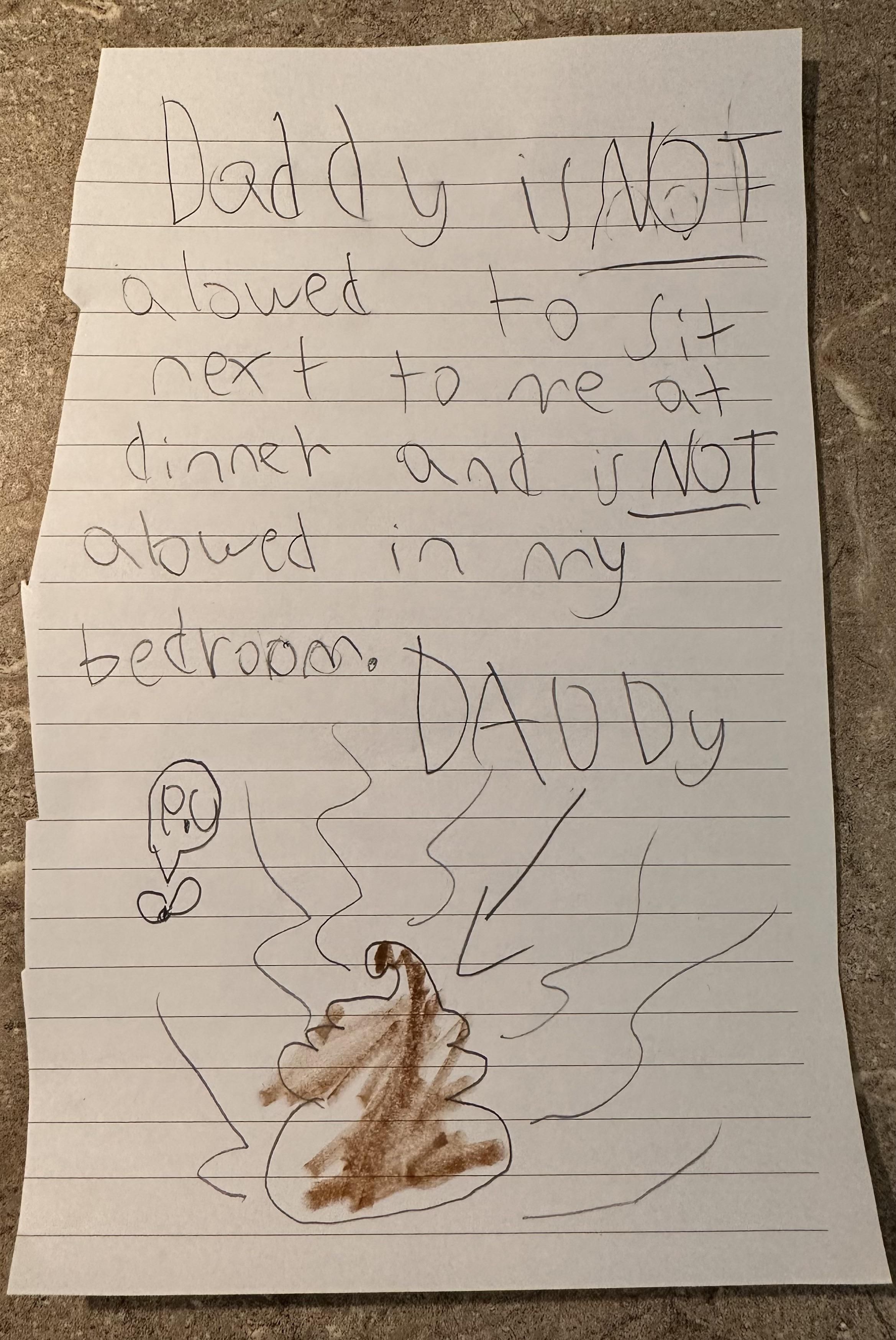 My 8 year old daughter slipped this under my door after I purposely scared the hell out of her.