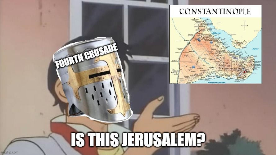 Crusaders going to Jerusalem, ending up besieging Christian capital city of Constantinople and returning home with a weakened Christianity in Europe