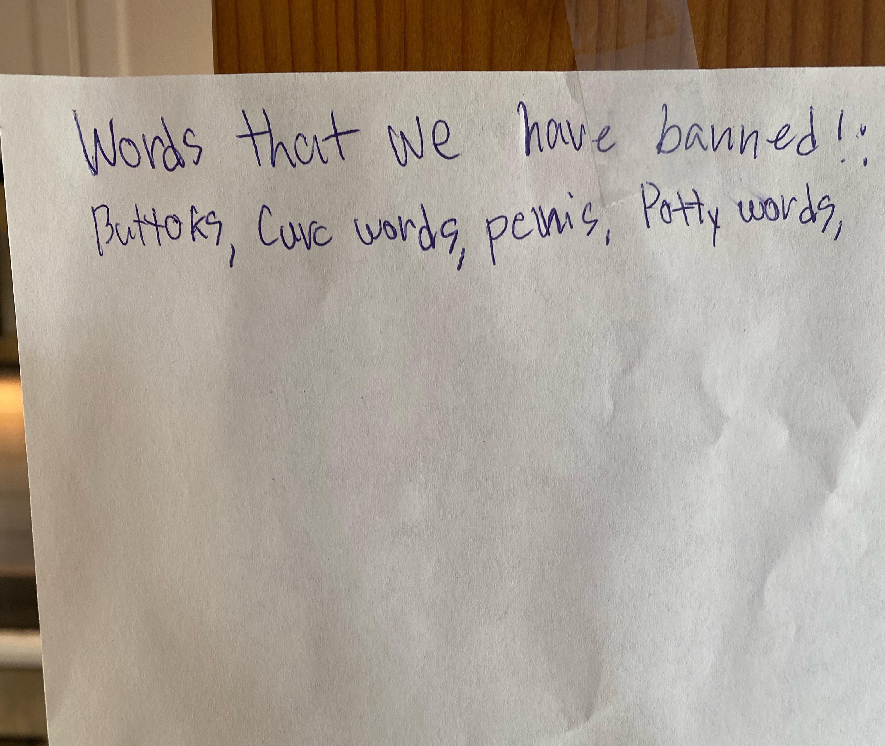 My nine year old has posted a list of words we cannot say in the house… Her younger sister has recently learned some body part words