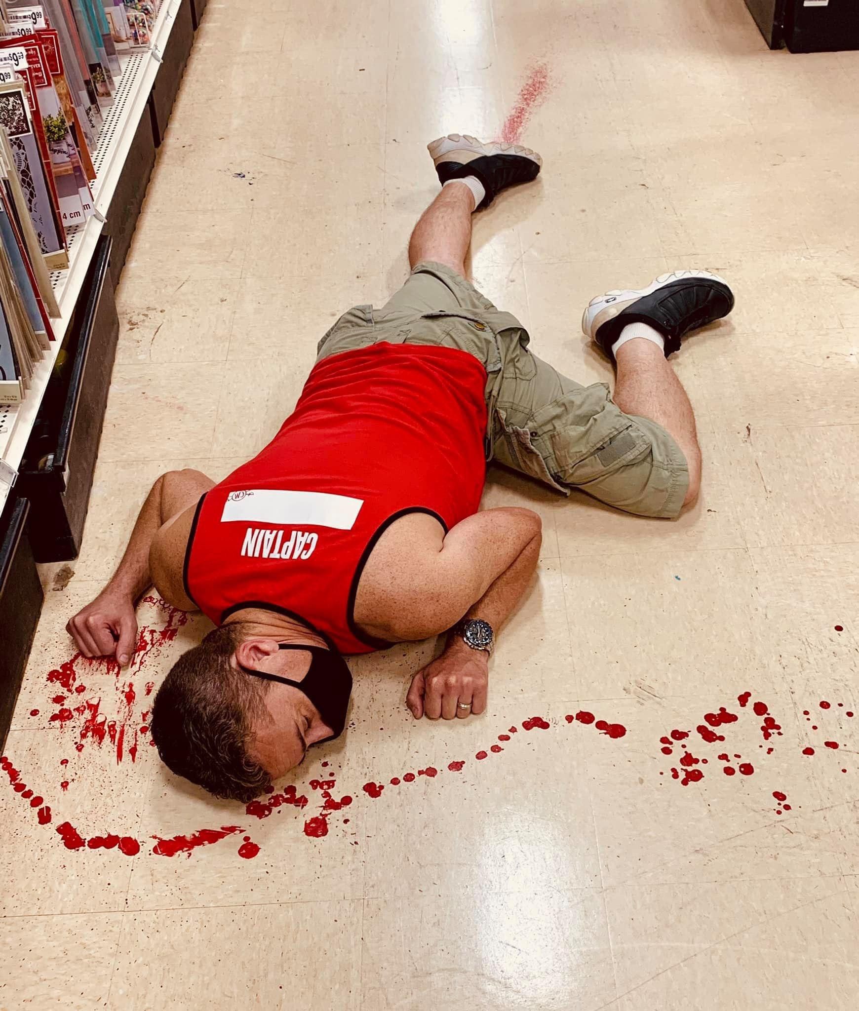 Took advantage of a stain on the floor at a hobby store and scared some folks. Bad taste joke… prolly, but whatever it was fun. lol