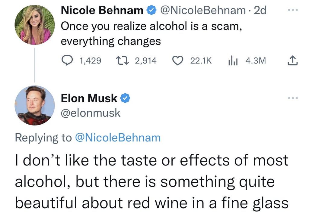 Elon: *tips fedora* "... have you tried the wine, m'lady?"