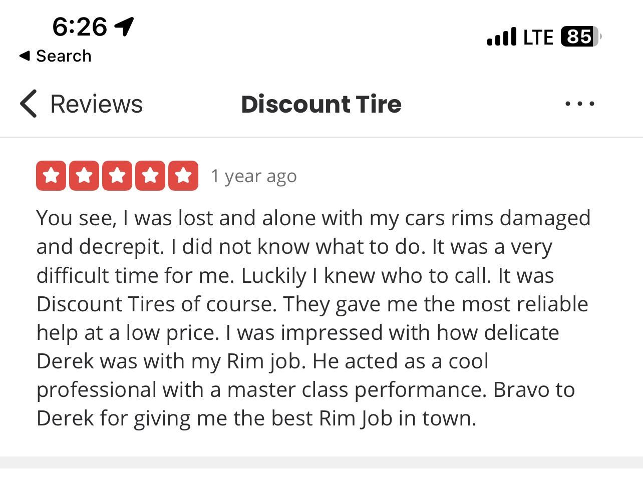 This Yelp review for discount tire