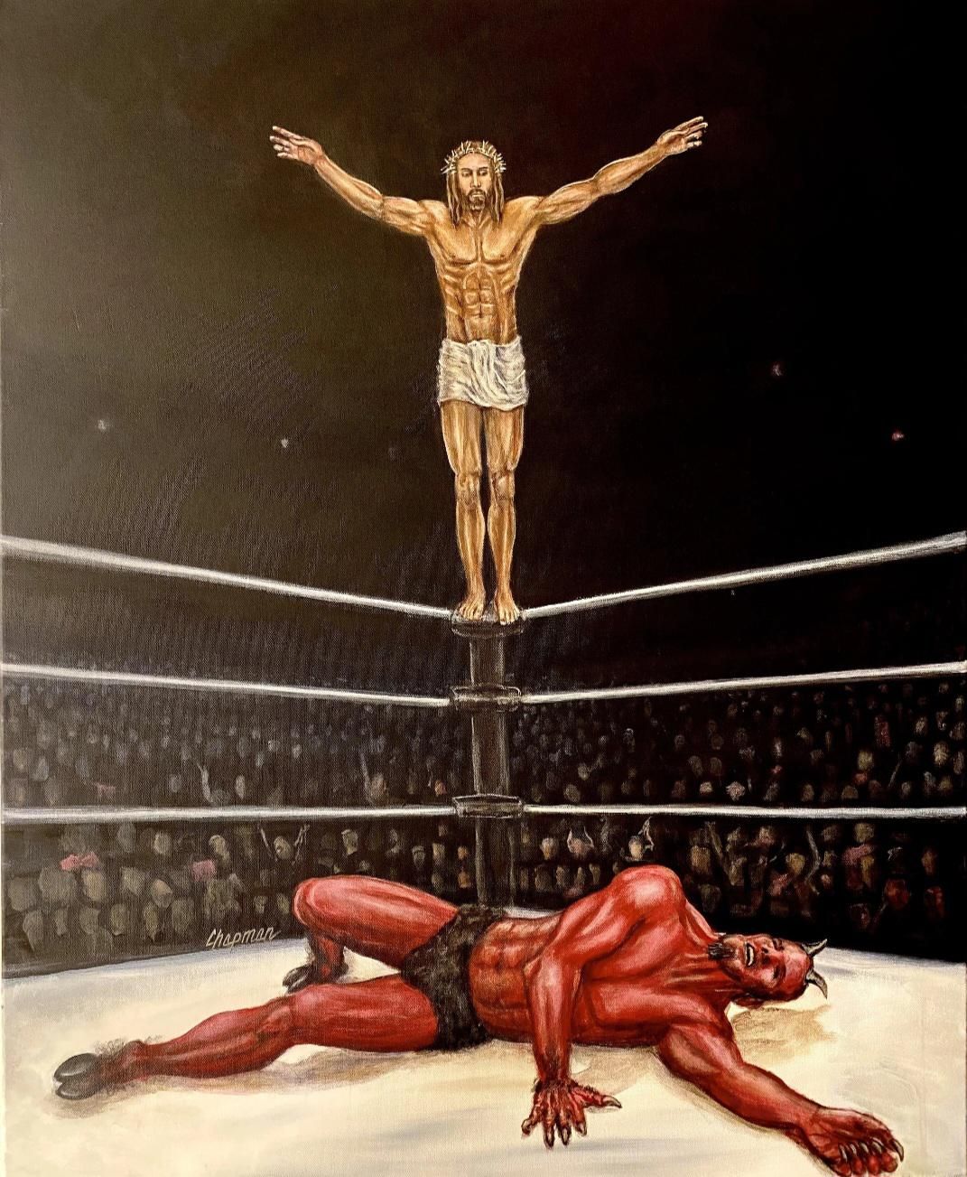 Jesus H. Christ prepares to deliver the "People's Elbow" on Satan in Wrestlemania 13