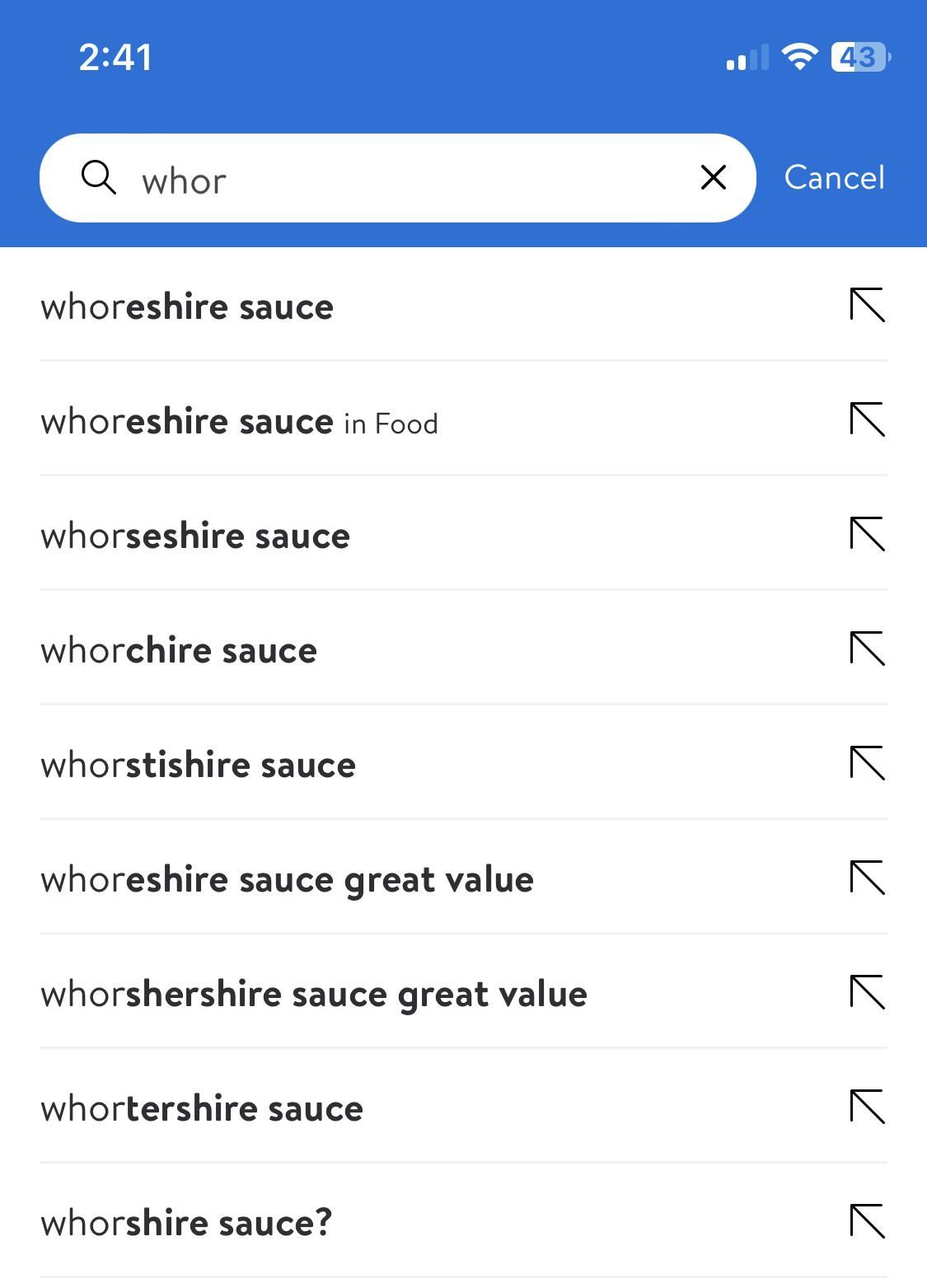 I couldn’t remember how to spell Worcestershire sauce while ordering from Walmart, so I expected the search bar suggestions to tell me…