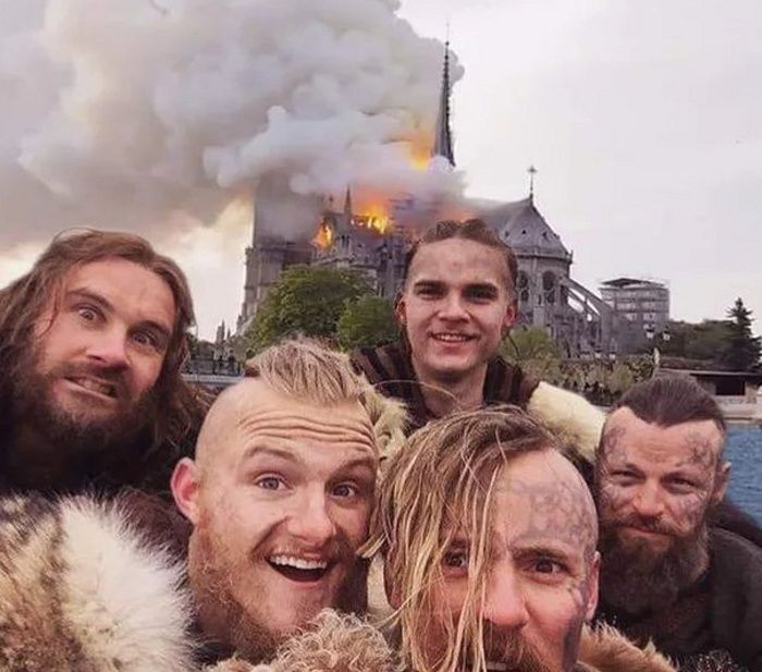 A group of Vikings show off their latest plundering of France